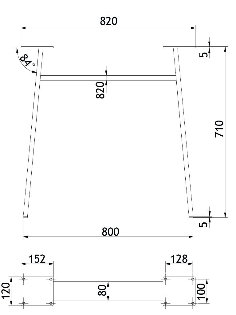 TAFELONDERSTEL A 20x80MM ZWART MAT H.710xB.800MM