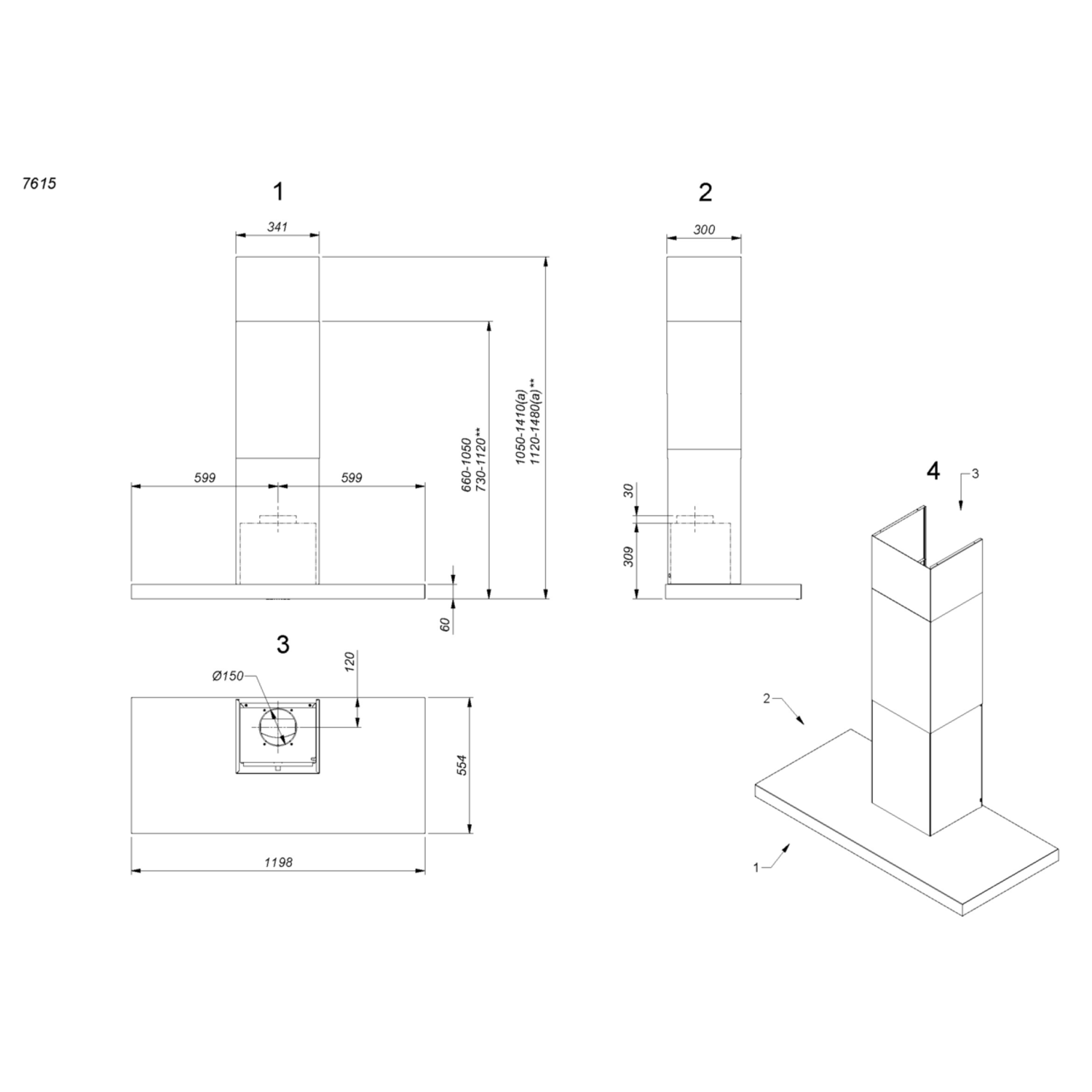 Novy Flatline 120 cm RVS (zonder motor) wanddamp.