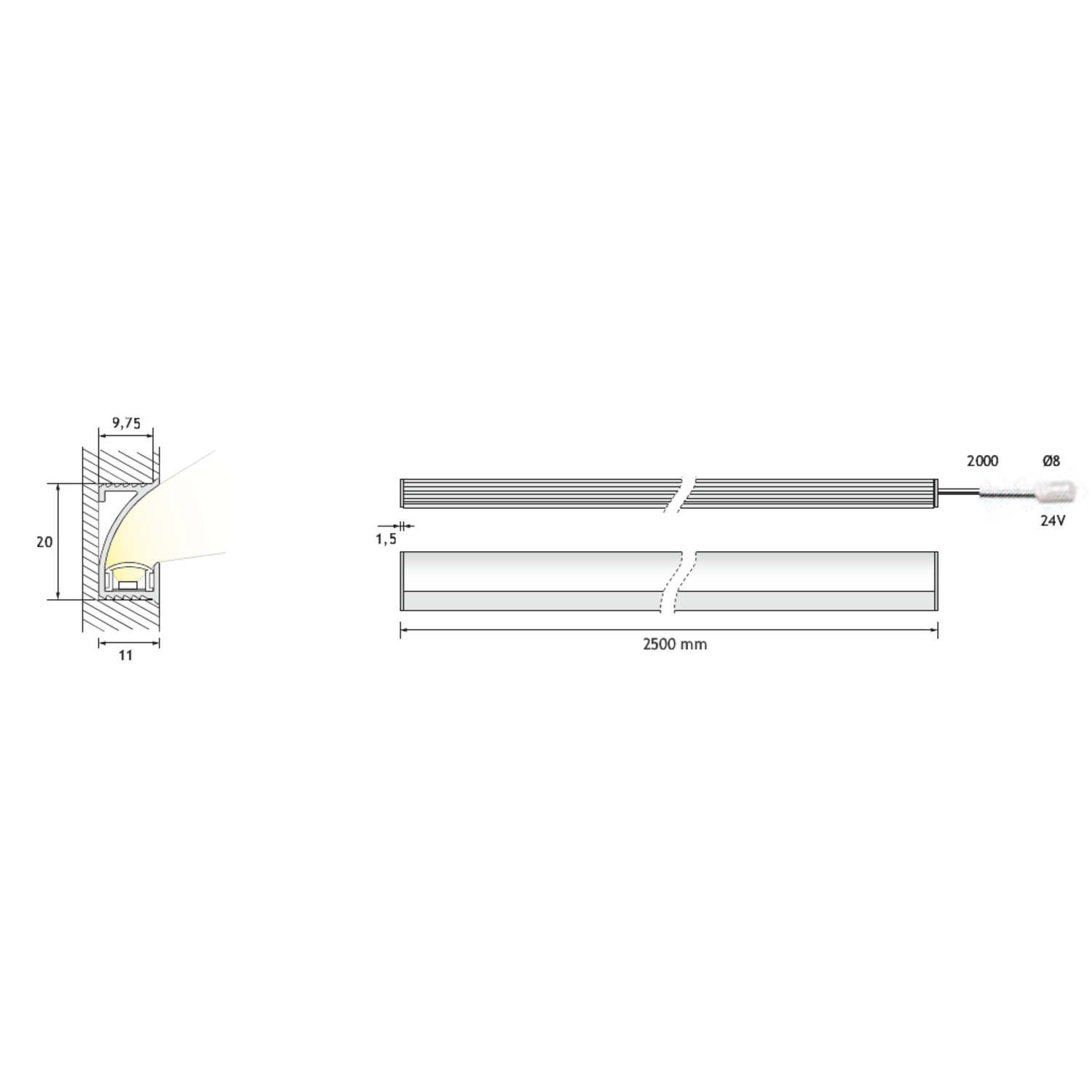 ODO 3.0 2500mm 19.84W 3000K couleur plomb 