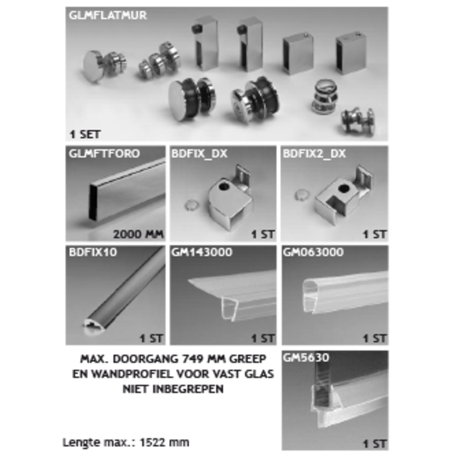 Kit douche coulissant mur/mur pour verre fixe scellé,  côté droit, pour verres 8, inox brillant