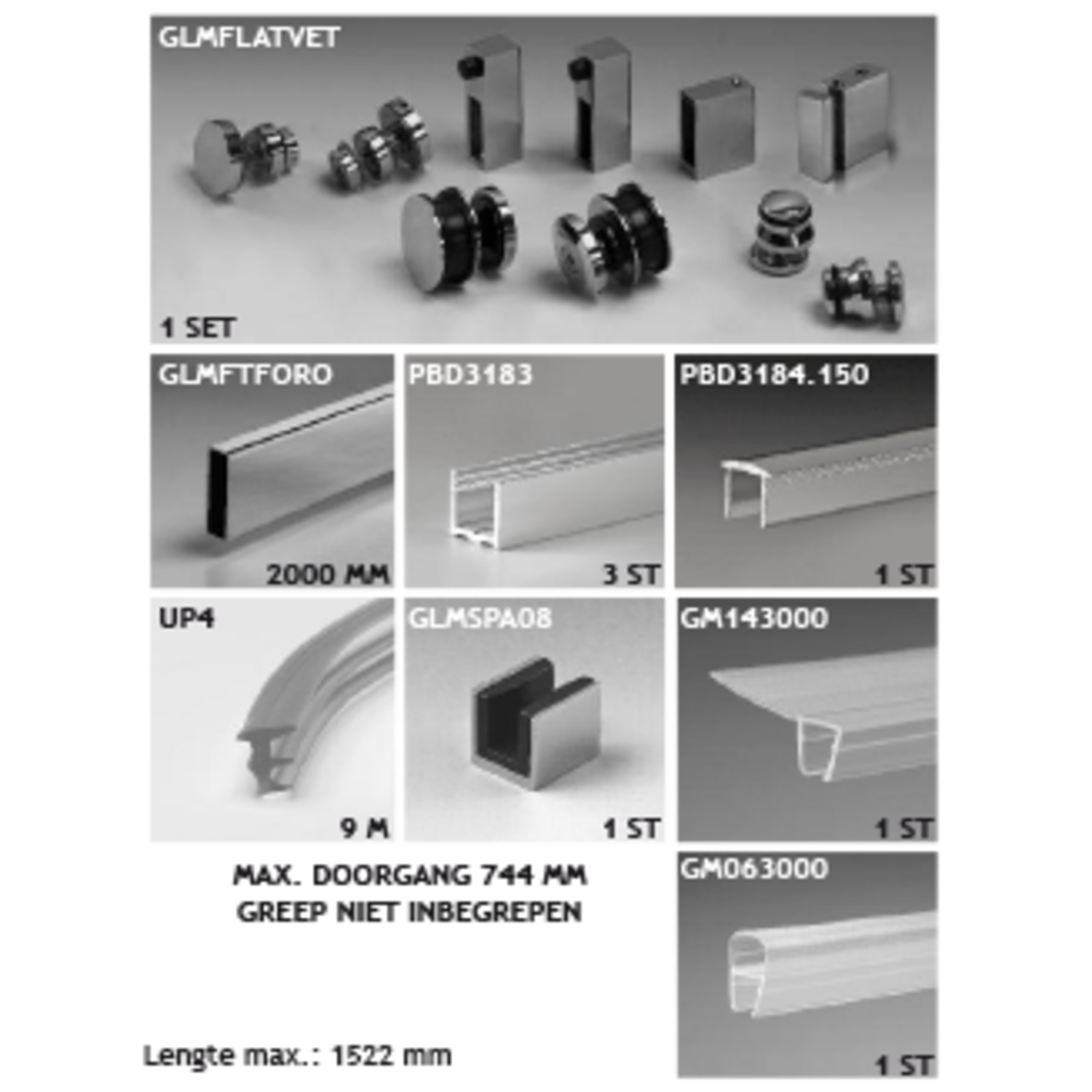 Toebehoren douche met schuifdeur wand/glas met frameprofiel voor vaste glaspanelen, voor 8 mm glas, glanzend rvs