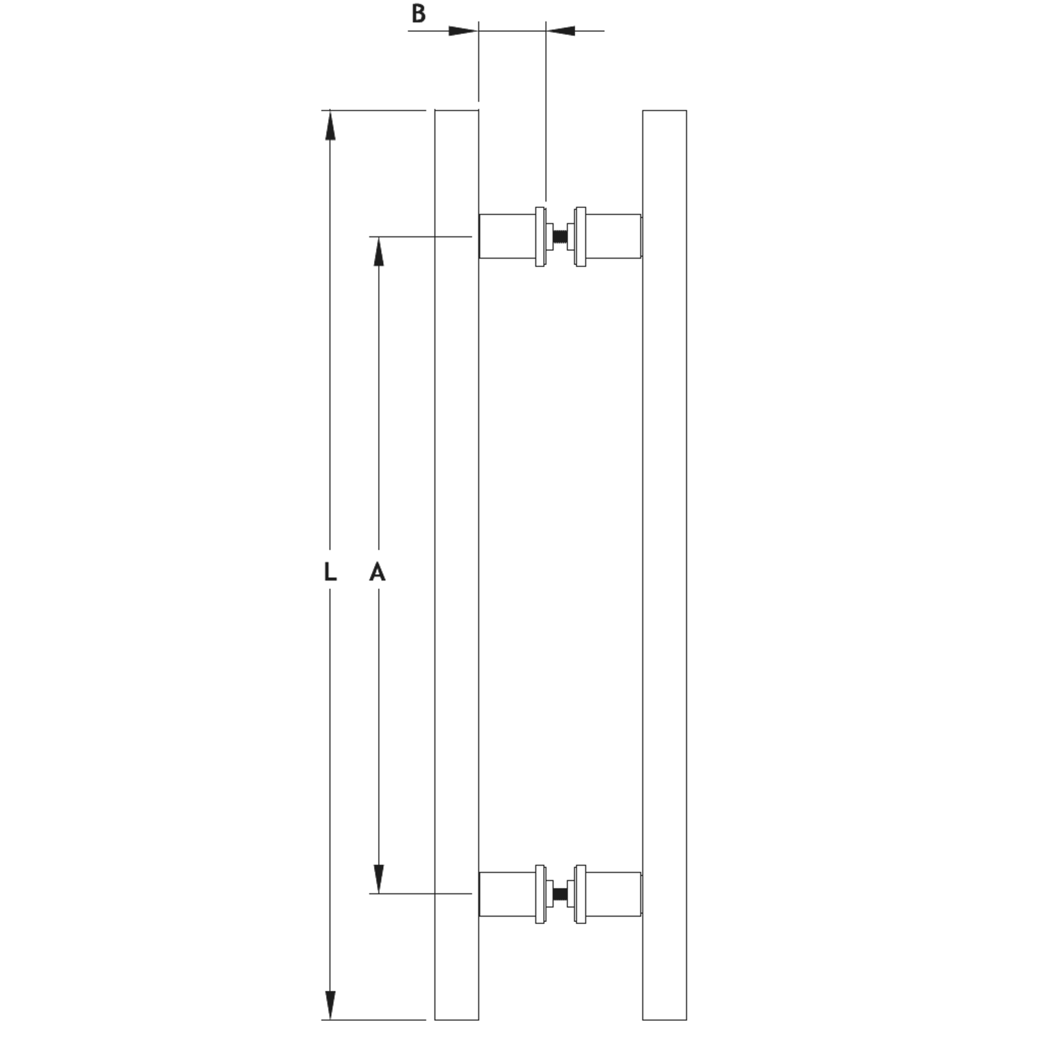 Paar vierkante deurgrepen, voor 6/12 mm glas, B15 H15 L200, aluminium met geborsteld rvs effect
