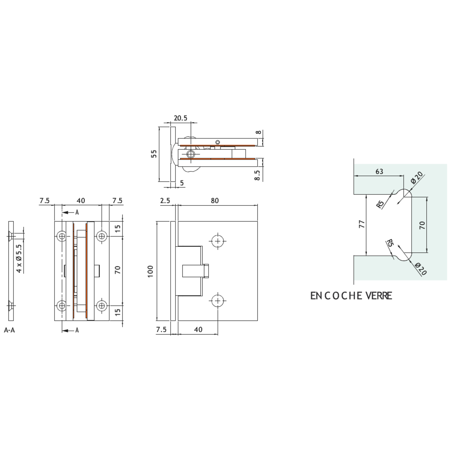 Charnière mur/verre, retour ressort, poids p. 50 kg, v. 10/13.5, B80 H100, effet inox brossé