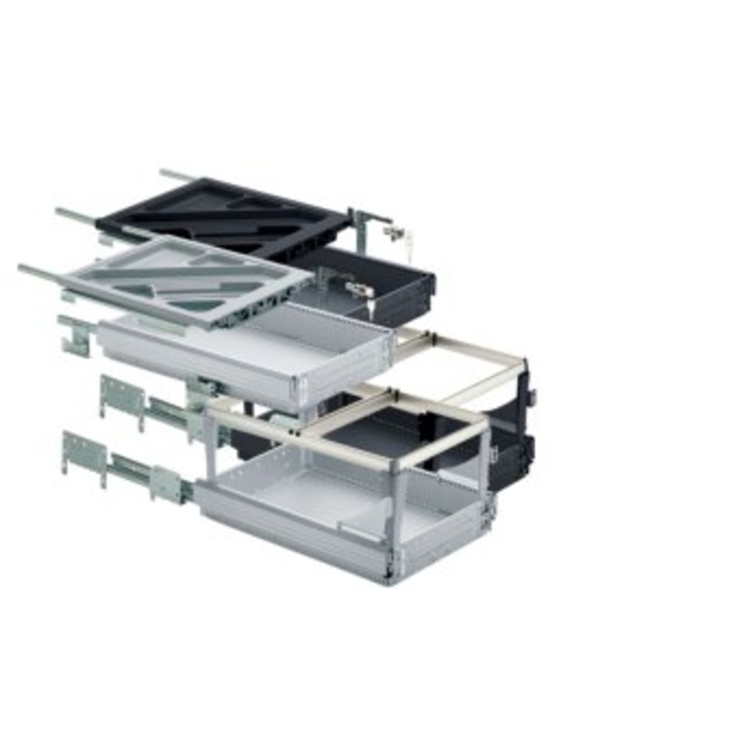 Kit de caisson avec coulisses à sortie partielle et super extension, Profondeur d'installation (mini) 730 mm, noir