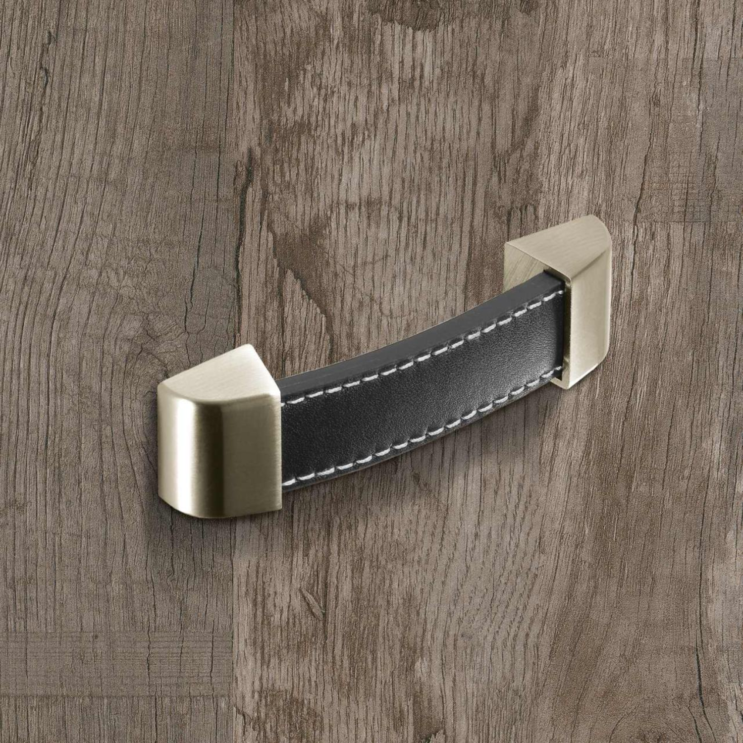 Greep Agliano, boorafstand 128, L 142 mm, B 25 mm, H 17 mm, Donkerbruin leer / roestvrij staal finish geborsteld