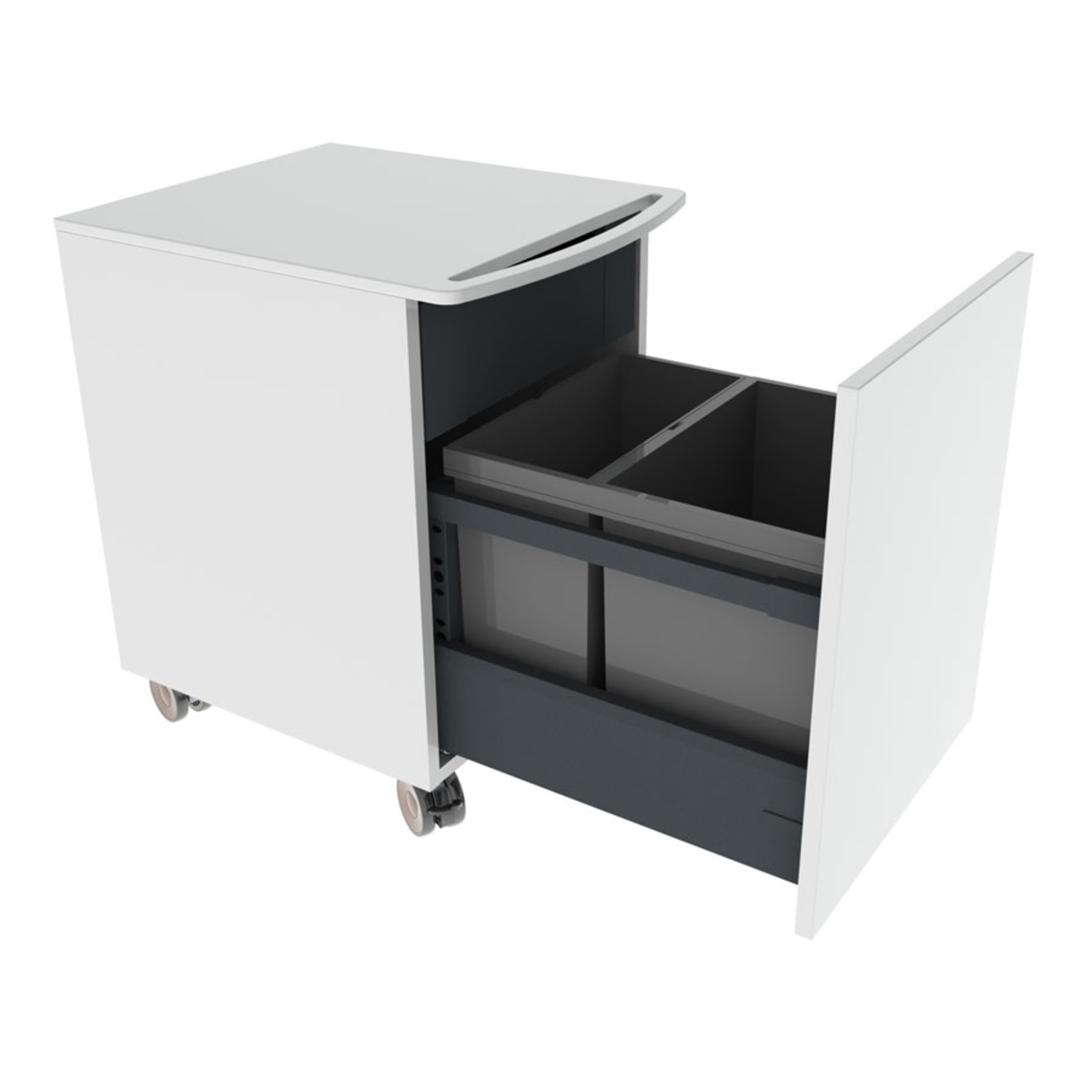 Minikast op wielen met afvalscheiding en binnenlade, volledig uittrekbaar met soft-close