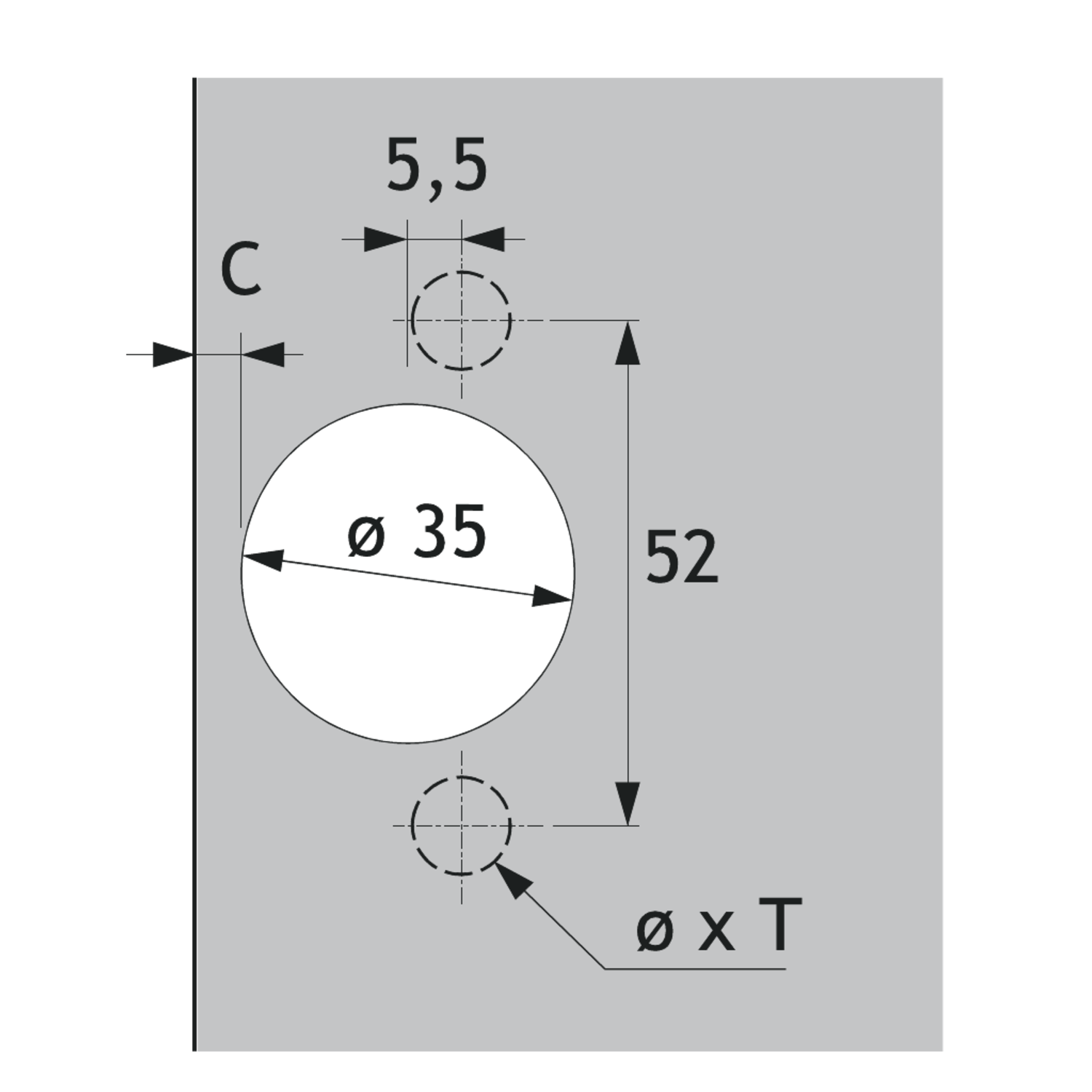 Charnière en inox Veosys de 105°, rentrant, TH - schéma de perçage 52 x 5,5 mm, à visser (-)