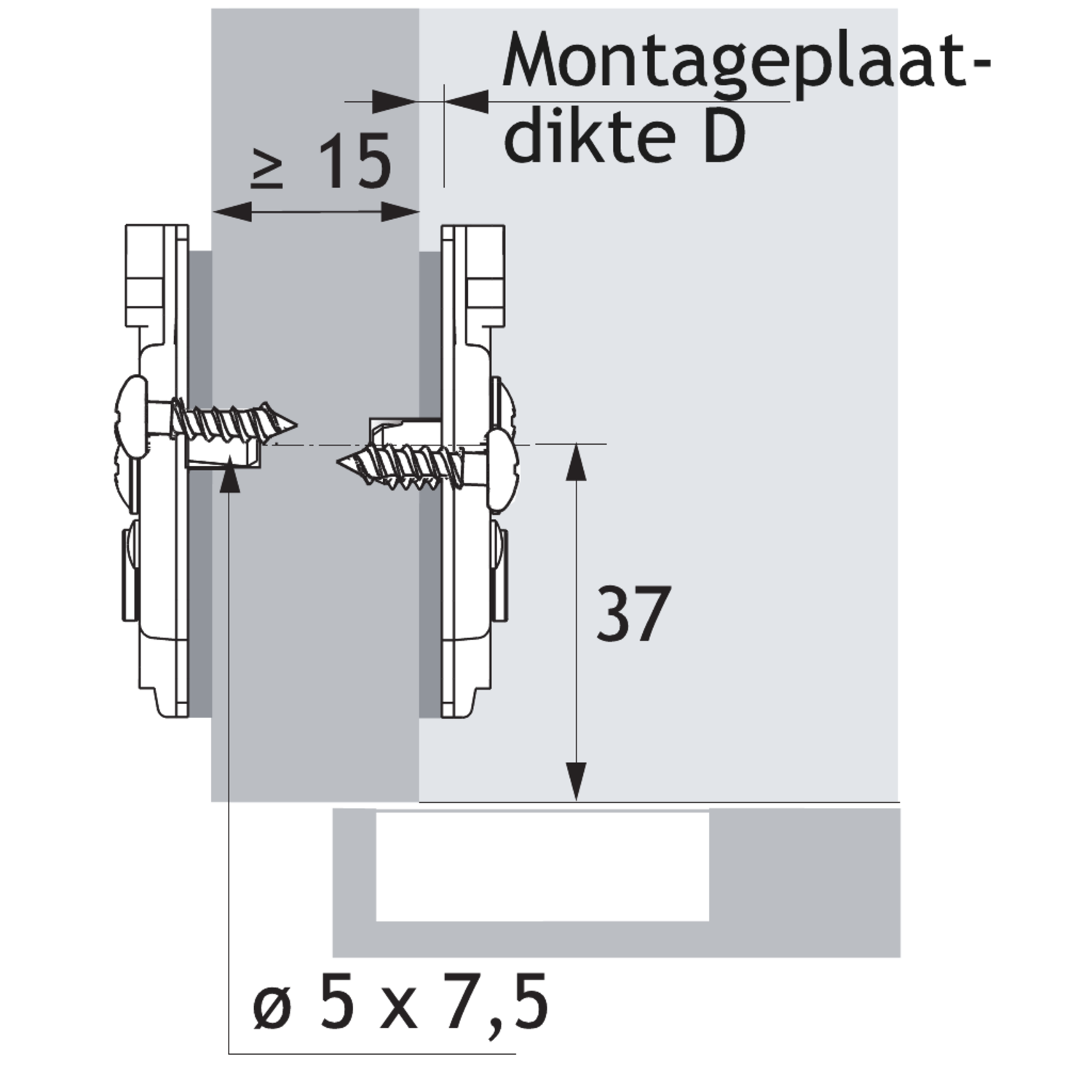 Plaque de montage cruciforme avec réglage en hauteur direct, en noir obsidien, Rangée de perçages 37 X 32 mm, « Hettich Direkt » avec tenon pilote et vis spéciales (pour perçages de ø 5 x 7,5 mm), distance 5.0 mm