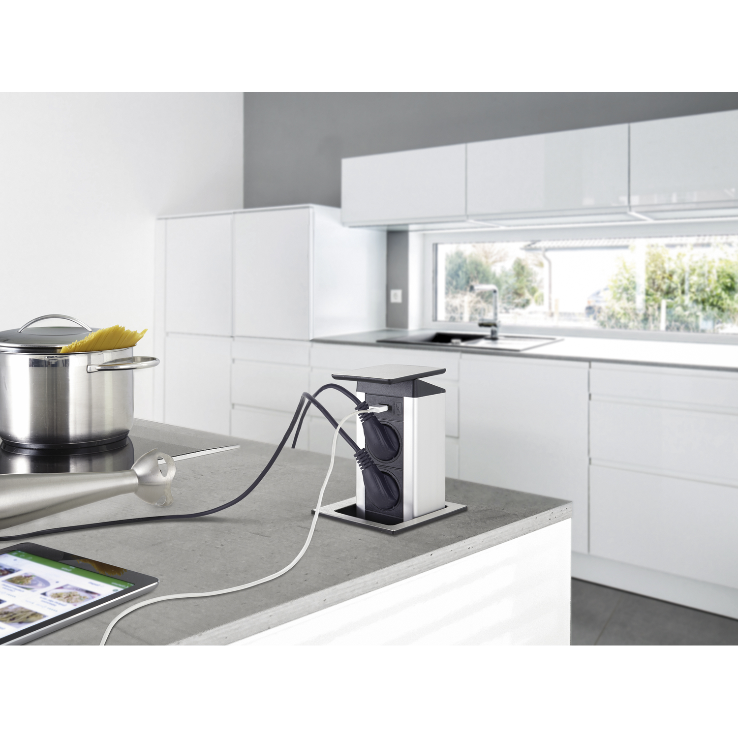 Evoline port push cuisine chargeur verre blanc b-f  2 prises/1 chargeur usb
