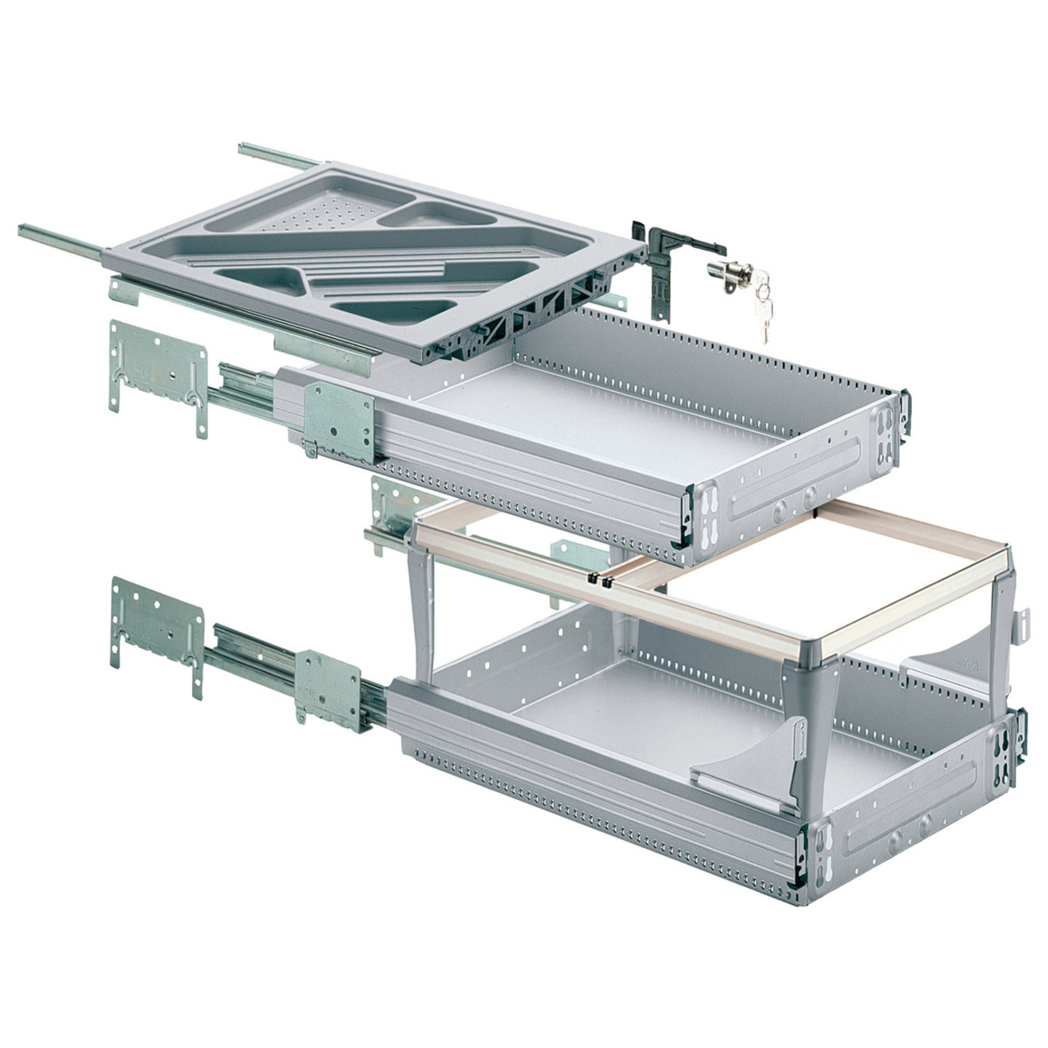 Containerset met (meer dan) volledig uittrekbare ladegeleiders, Inbouwdiepte (min.) 530 mm, Aluminiumkleurig