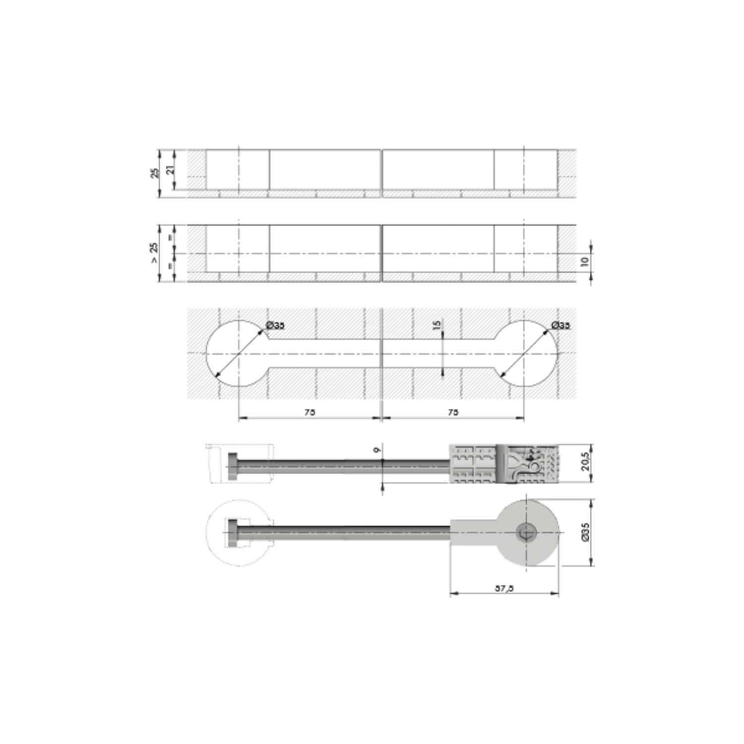 Tablet verbinder quick boring dia 35mm M8 x 150mm