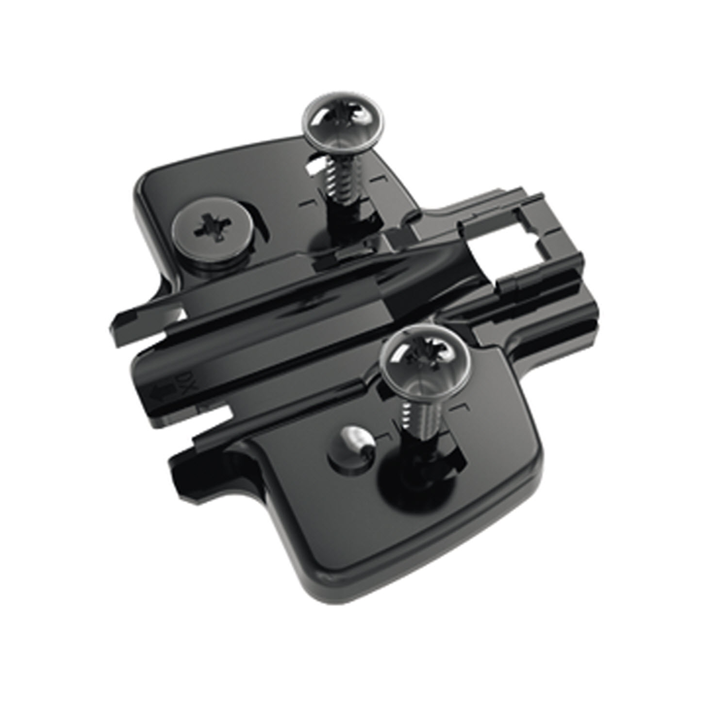 Plaque de montage cruciforme avec réglage en hauteur direct, en noir obsidien, Rangée de perçages 37 X 32 mm, « Hettich Direkt » avec tenon pilote et vis spéciales (pour perçages de ø 5 x 7,5 mm), distance 5.0 mm