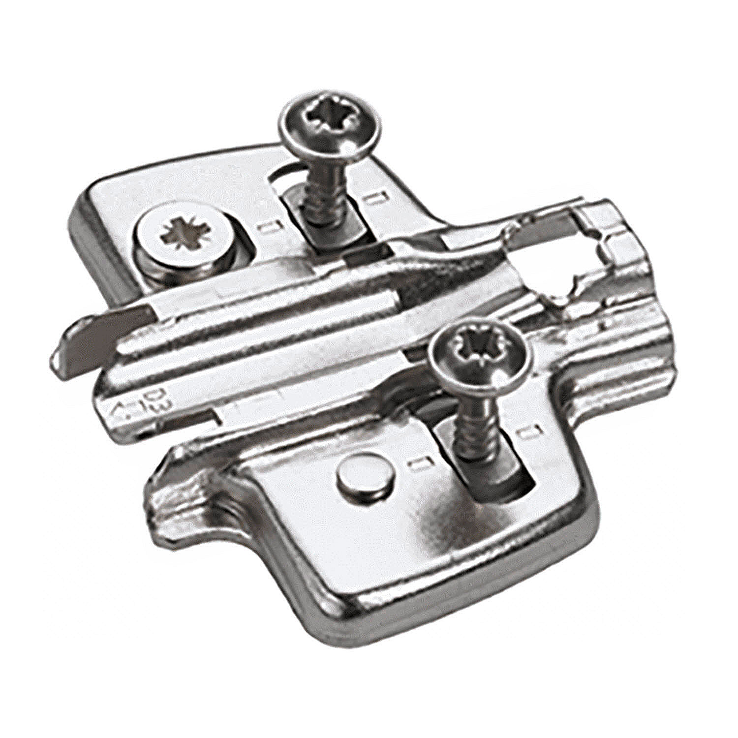 Kruismontageplaat met directe hoogteverstelling, vernikkeld, Rijboring 37 x 32 mm, Hettich Direkt met geleidetappen en speciale schroeven (voor boringen ø 5 x 7,5 mm), dikte 0.0 mm