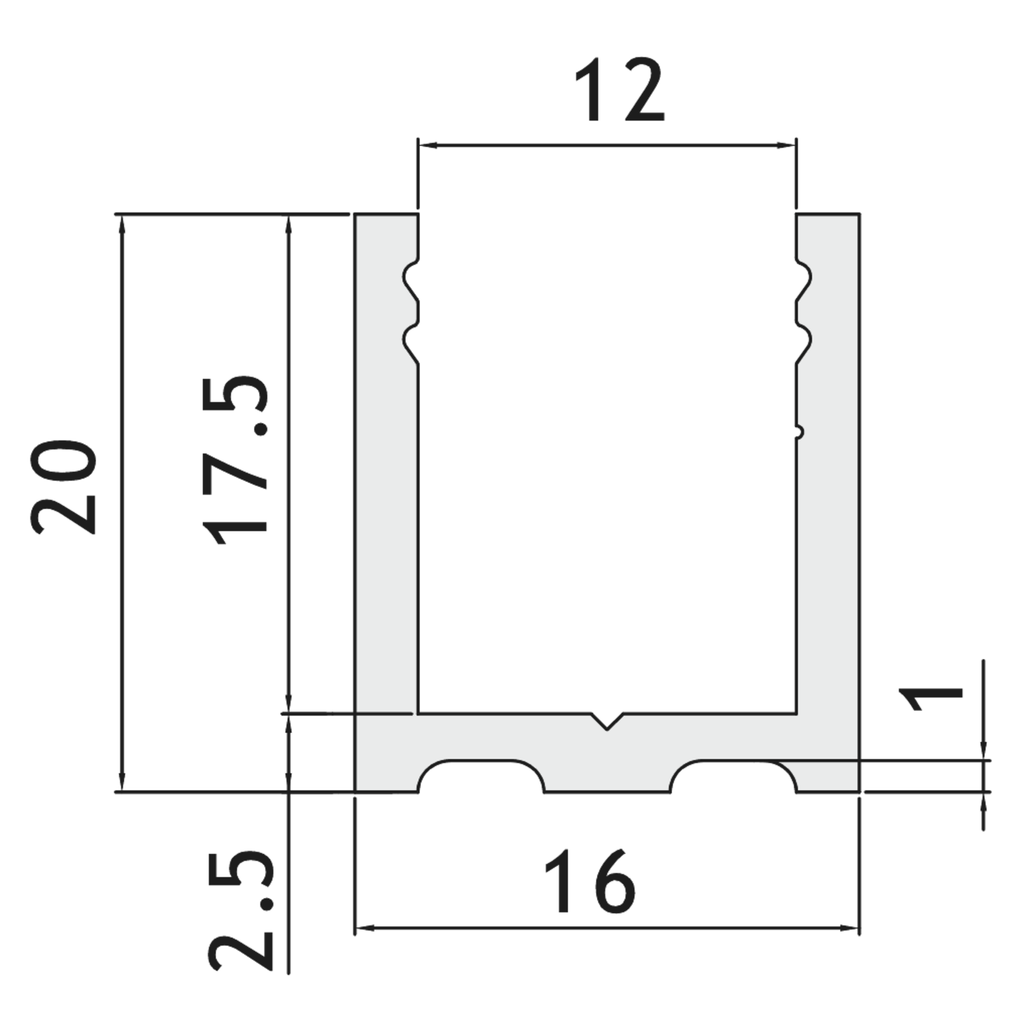 U-profiel, B16 H20 L3000, aluminium met geborsteld rvs effect