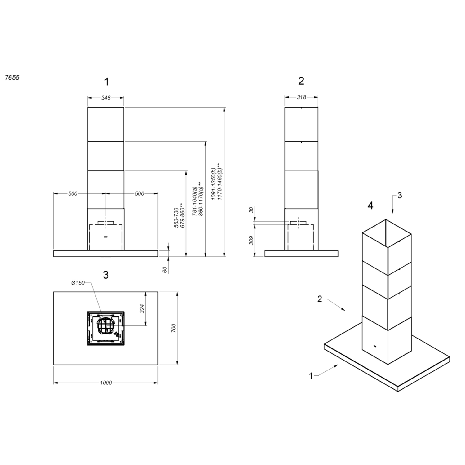 Novy Flatline 100 cm inox (sans moteur) îlot 