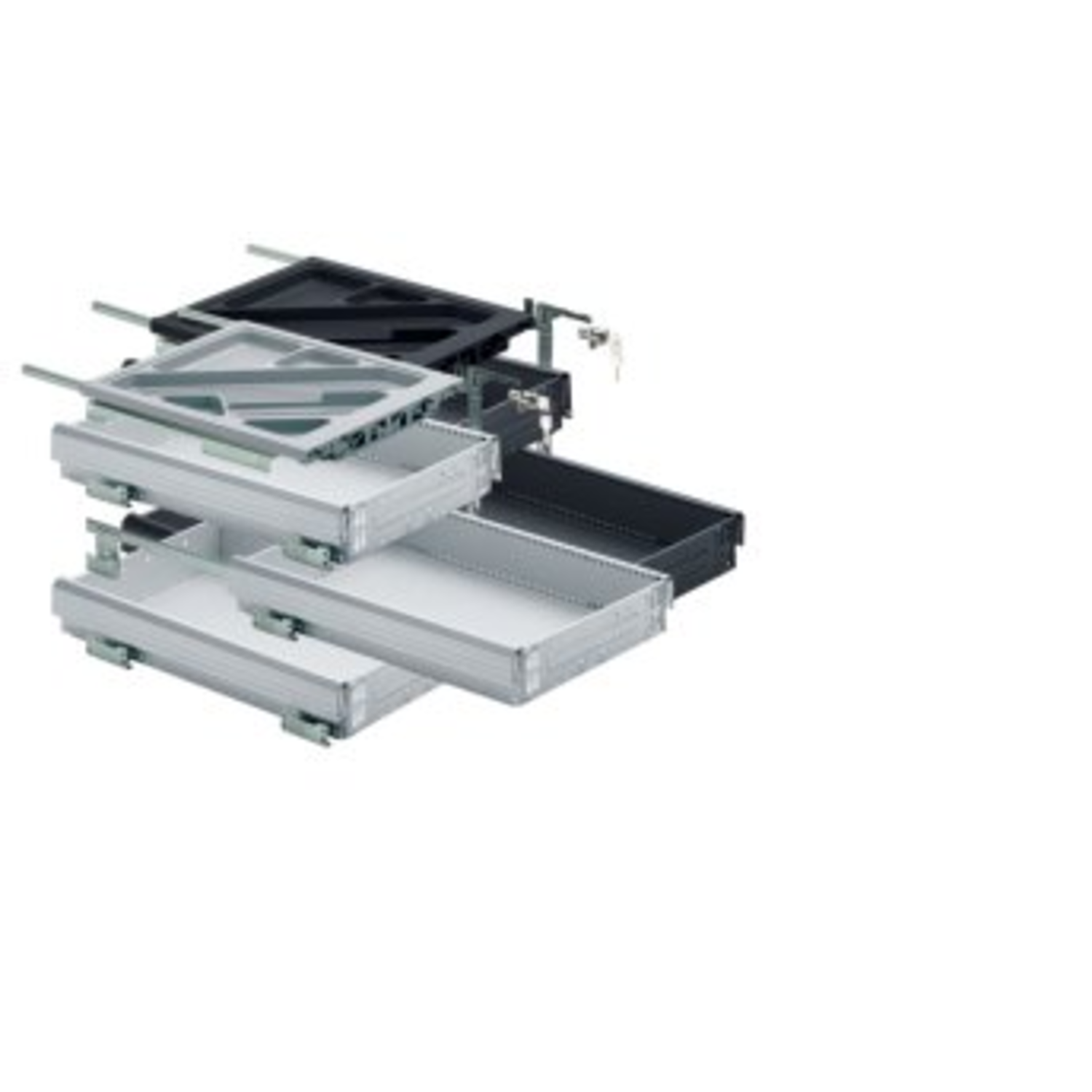 Kit de caisson avec coulisses à sortie partielle, Profondeur d'installation (mini) 530 mm, aspect aluminium