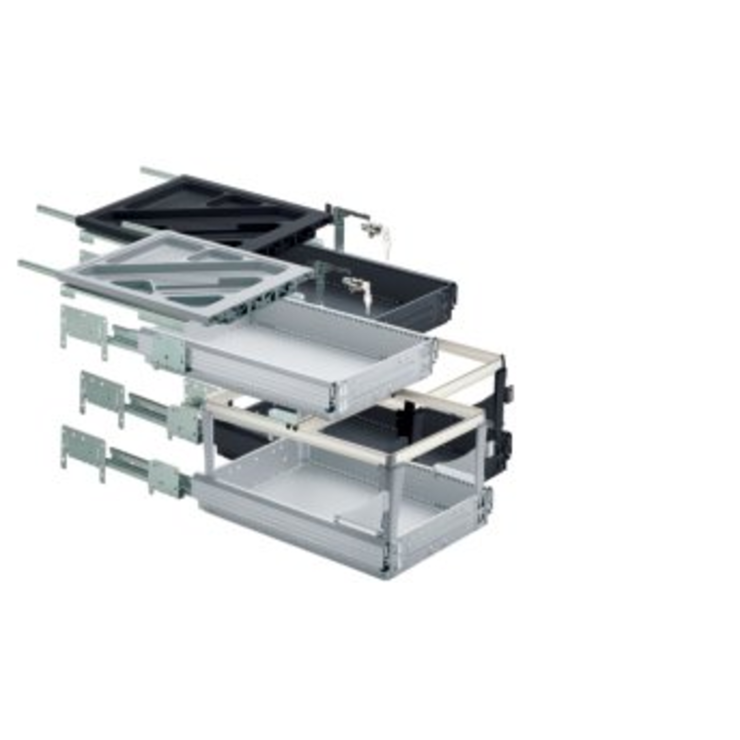 Kit de caisson avec coulisses à sortie totale et super extension, Profondeur d'installation (mini) 530 mm, aspect aluminium
