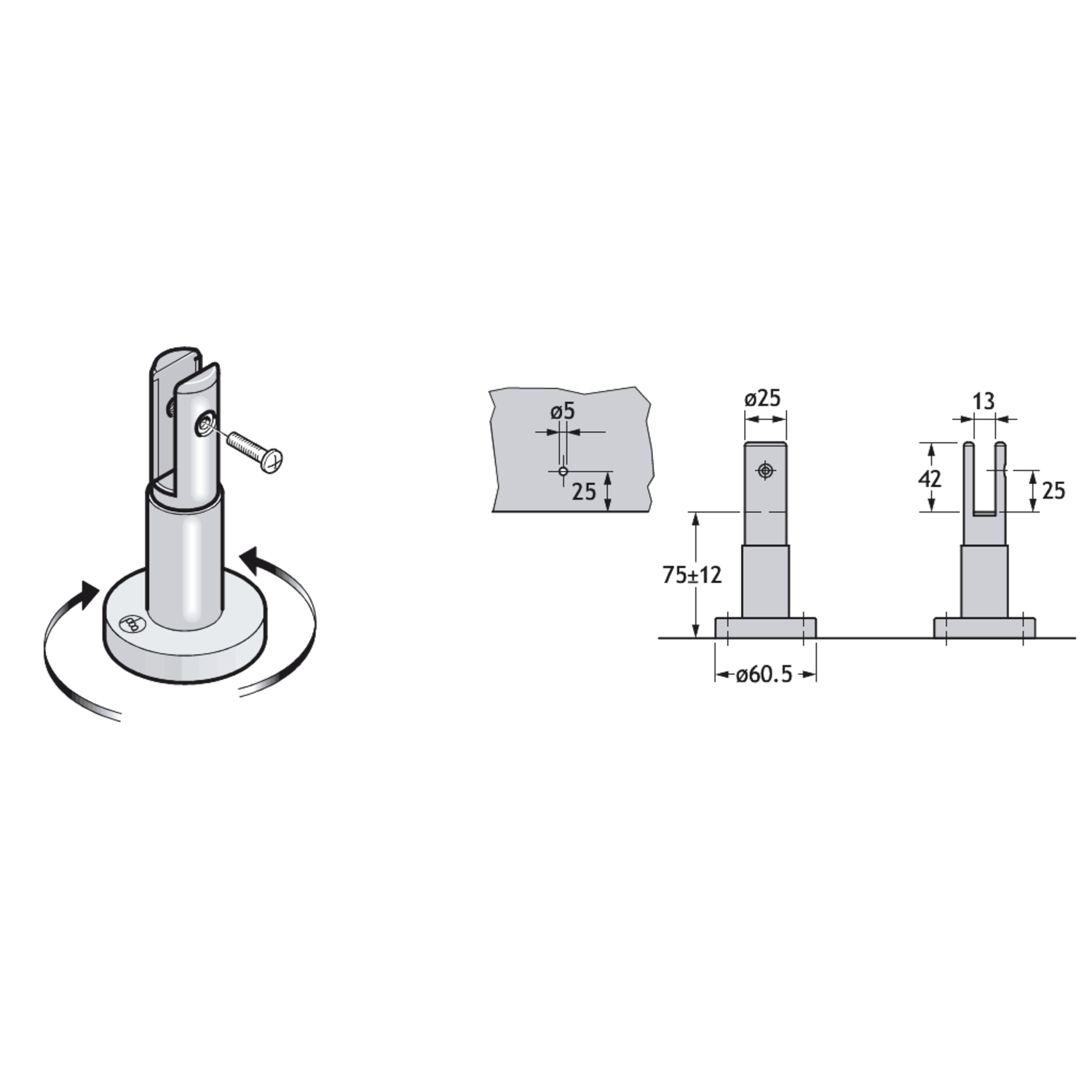 Pba 500-inox sat. pied reglable 63-87mm verre 13mm