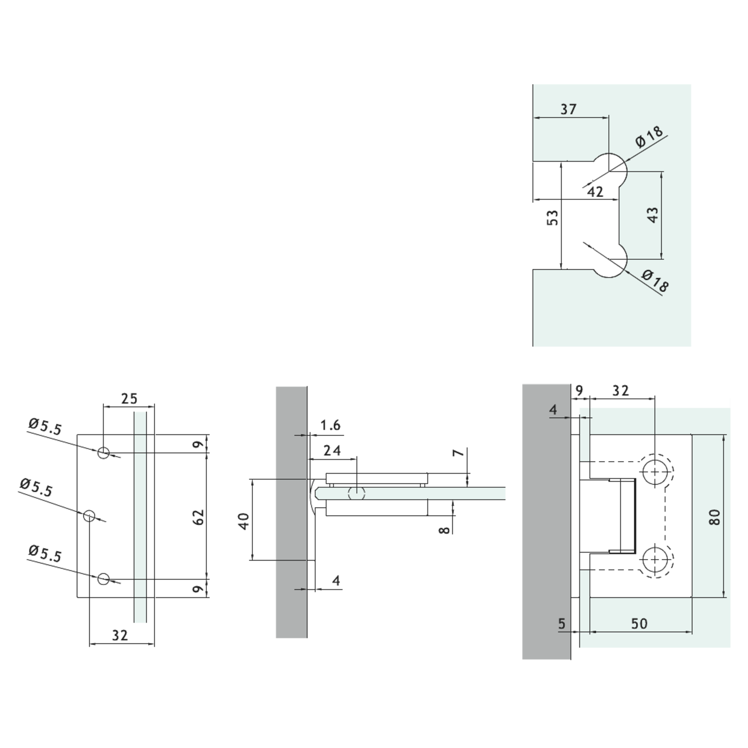 Verstelbare laterale scharnier wand/glas, voor 6/8 mm glas, B50 H80, geborsteld rvs effect