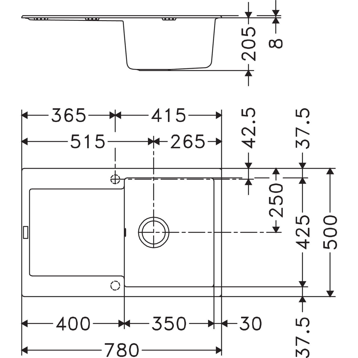 Maris - Inbouwspoeltafel / 780 x 500 mm / 1 bak / Metaal wit / Omkeerbaar