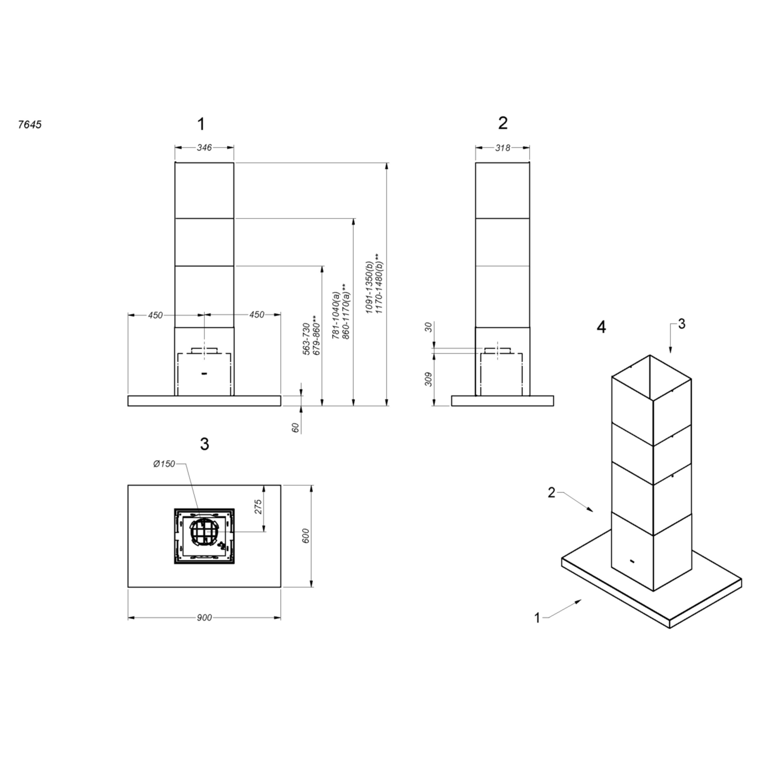 Novy Flatline 90 cm RVS (zonder motor) eiland