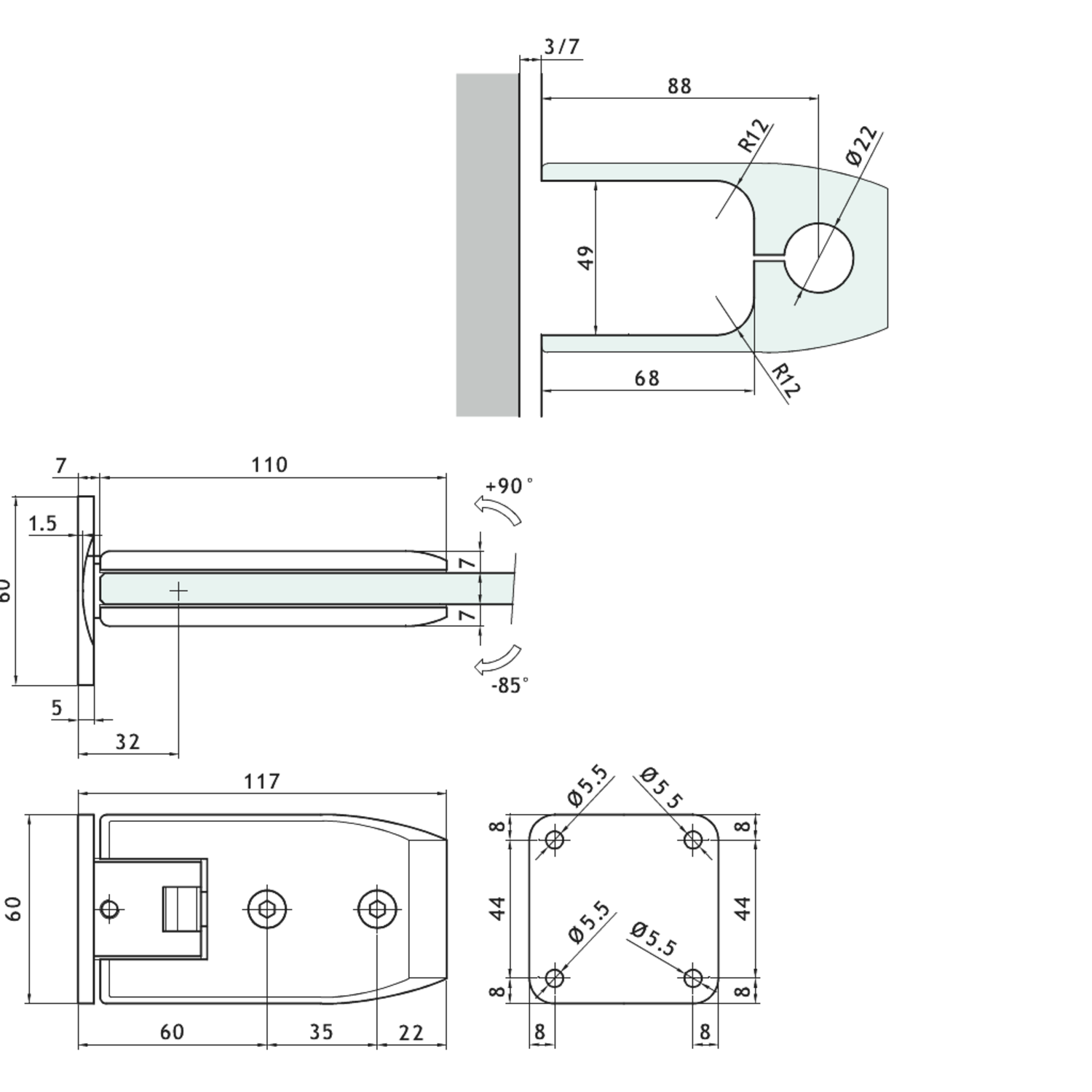 Verstelbare centrale scharnier wand/glas, voor 8/12 mm glas, B110 H60, geborsteld rvs effect