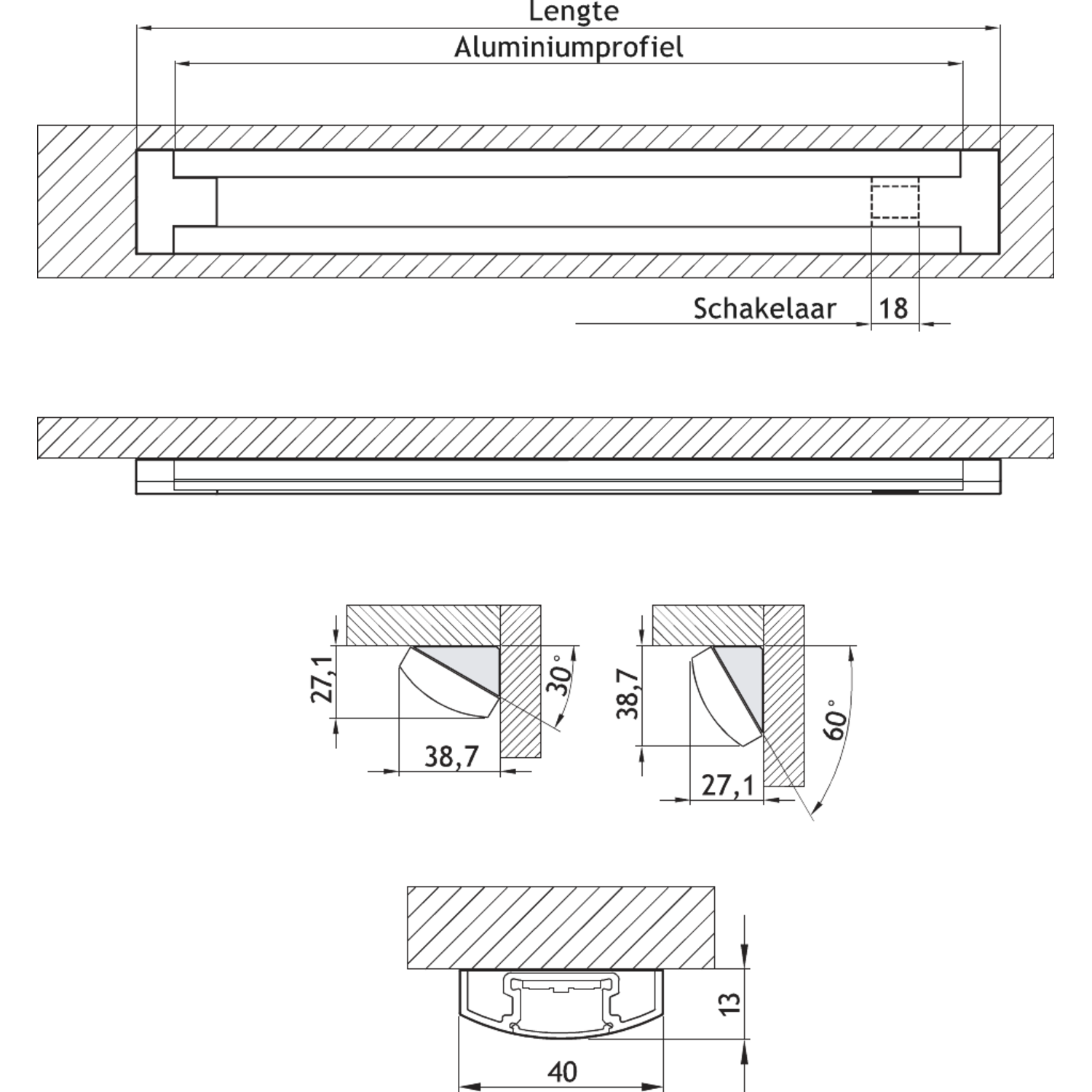 LD8003 a-SMD led profil à poser 580mm 4000°k 8W 24 v+interrupteur 