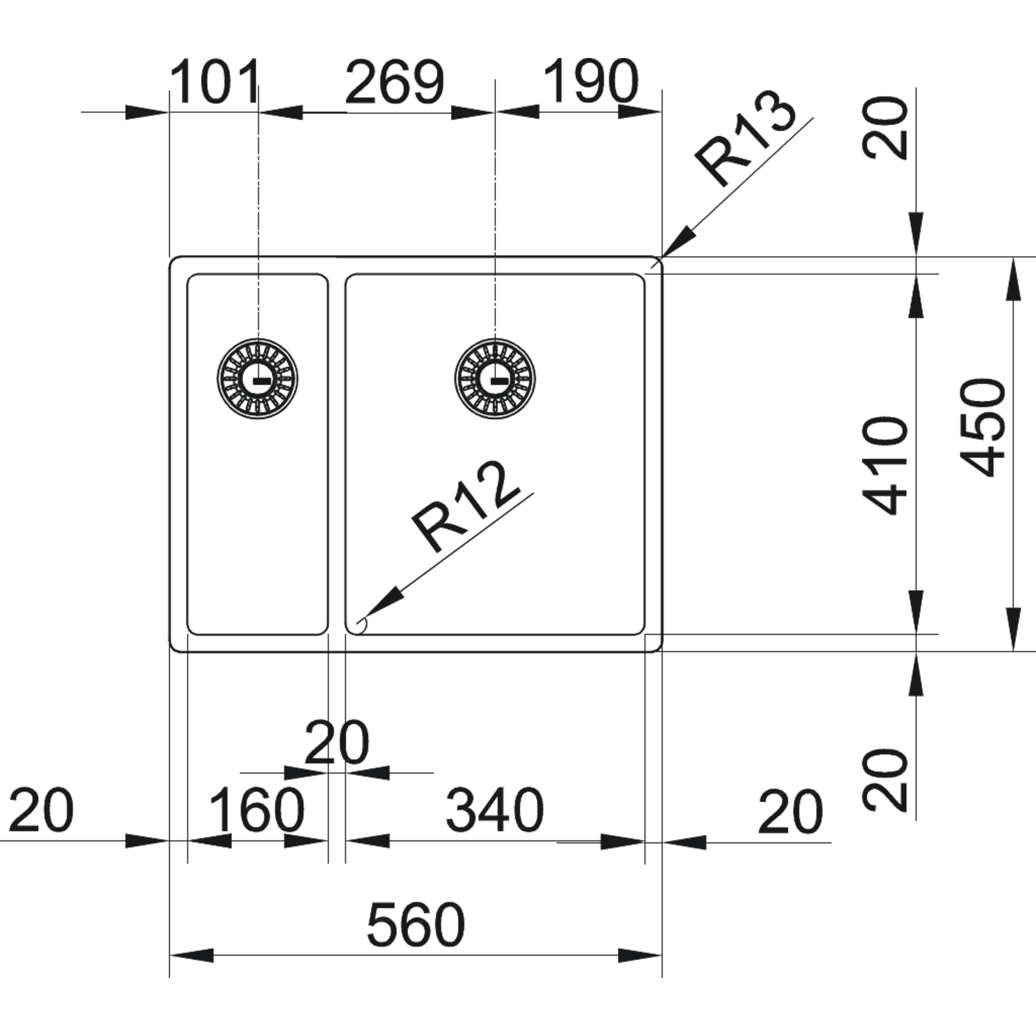 Box - Vlakbouw-, SlimTop- en onderbouwspoelbak / 560 x 450 mm / Glad