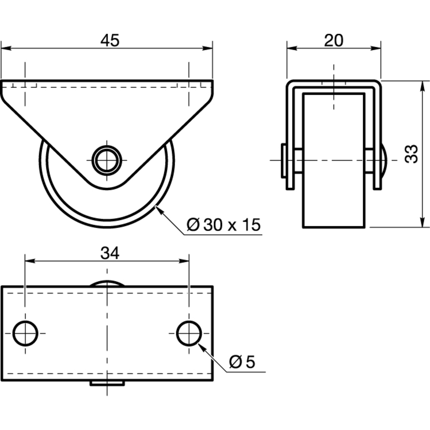 Wiel 30mm 30kg h:33 kunststof-behuiz. verzinkt