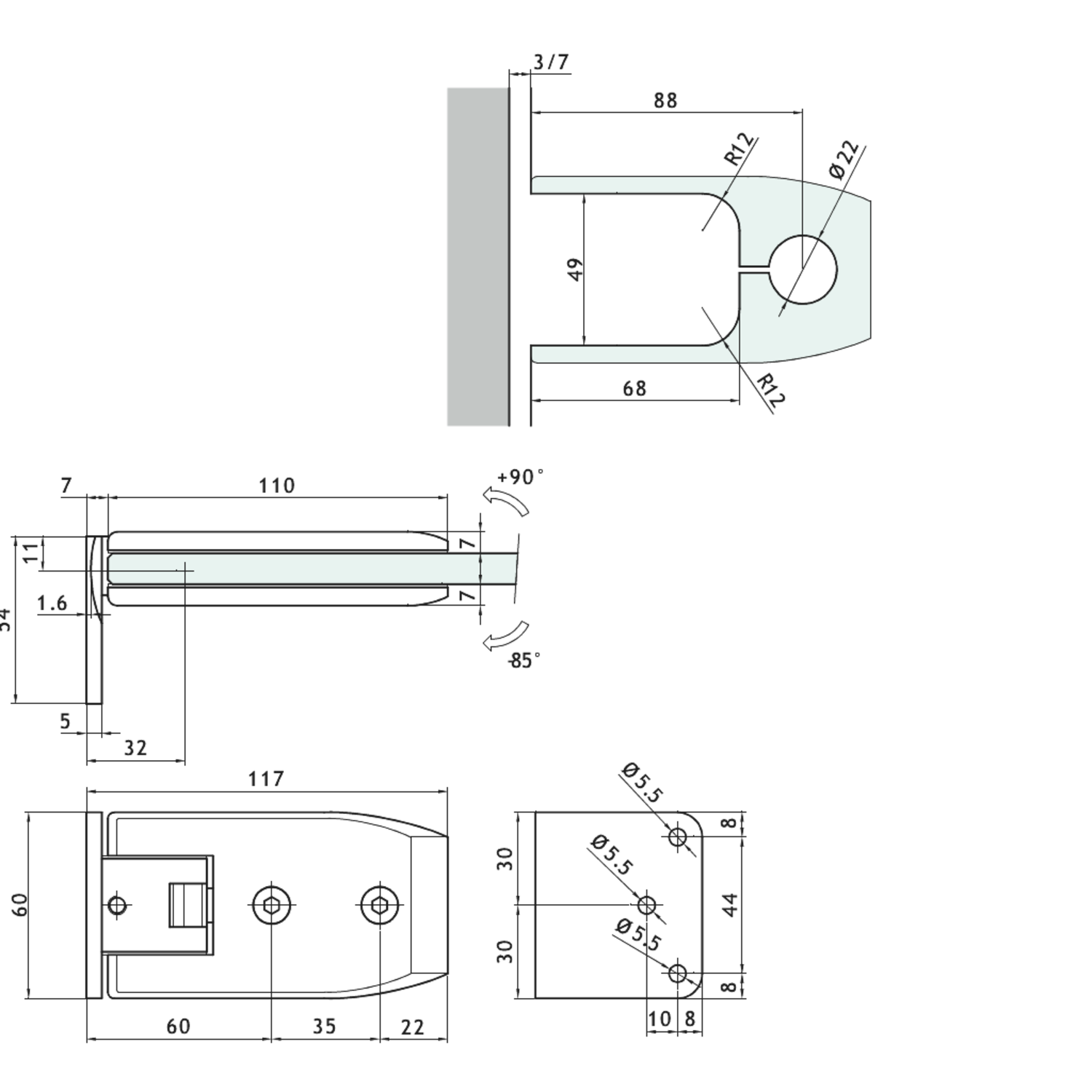 Verstelbare laterale scharnier wand/glas, voor 8/12 mm glas, B110 H60, chroom