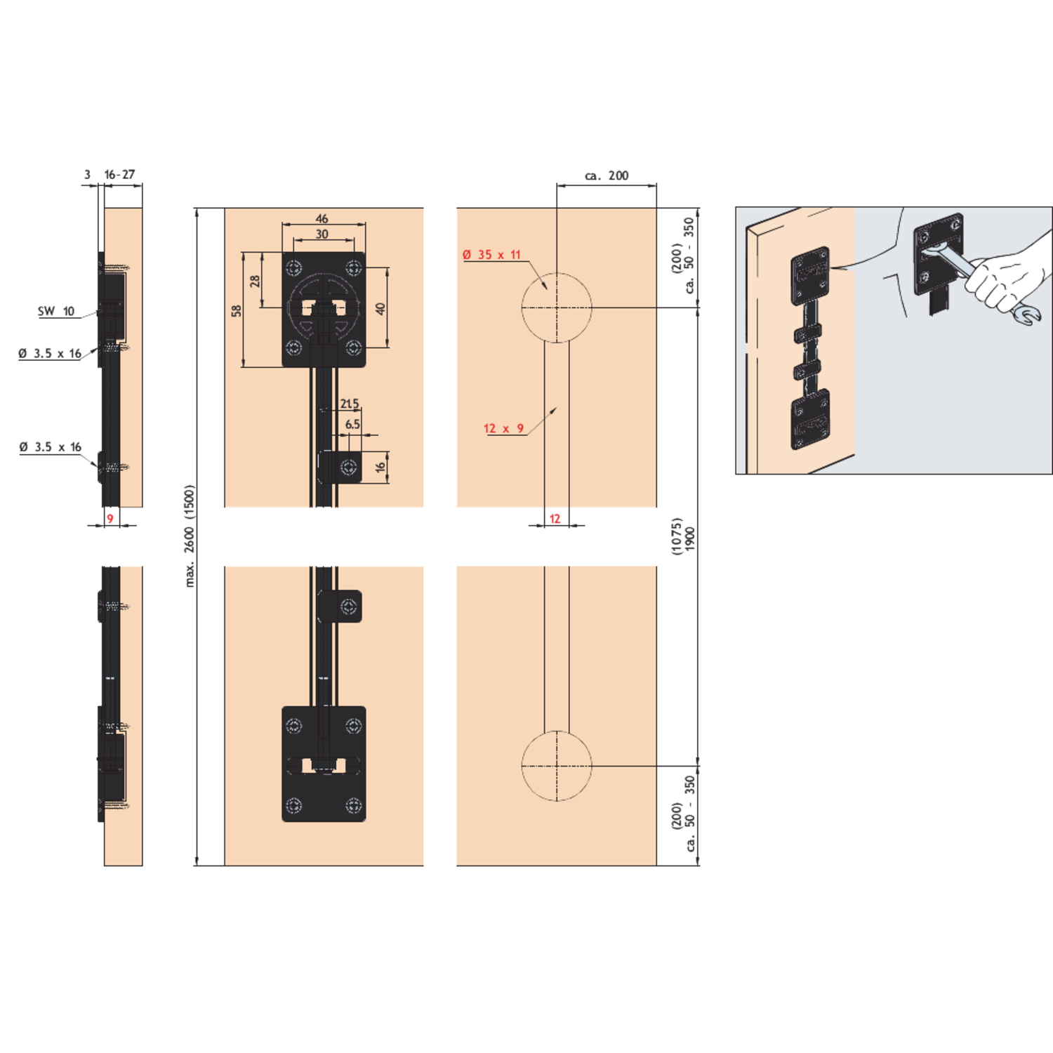 Set 2 deurrechttrekkers, lengte 1863mm, zwart