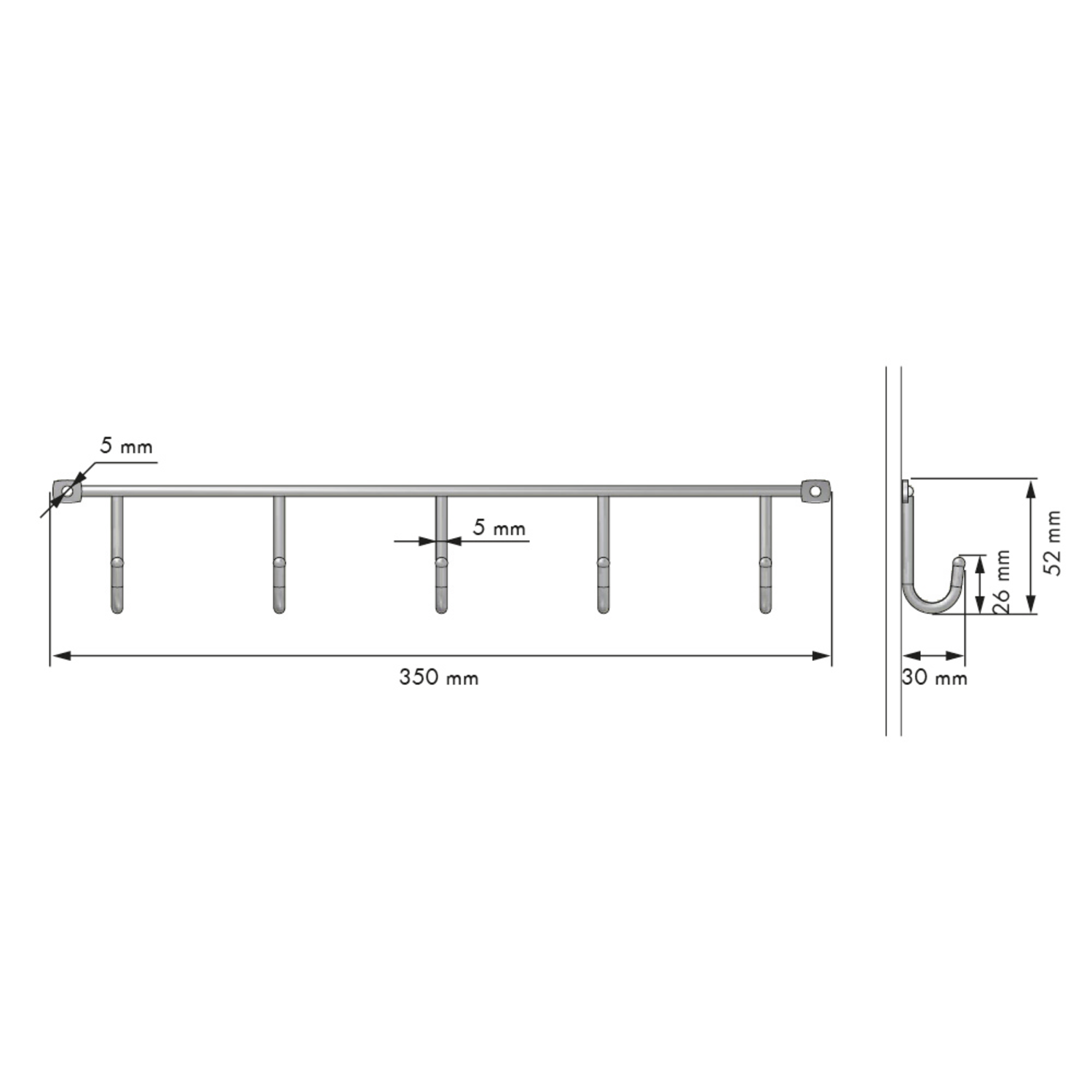 Mc-line hakenrek 5 haken 350x30x52 chroom