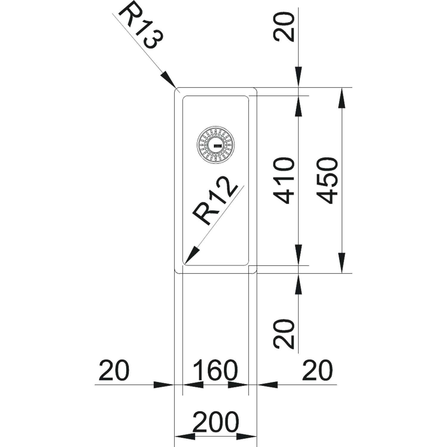 Box - Vlakbouw-, SlimTop- en onderbouwspoelbak / 200 x 450  mm/ Glad
