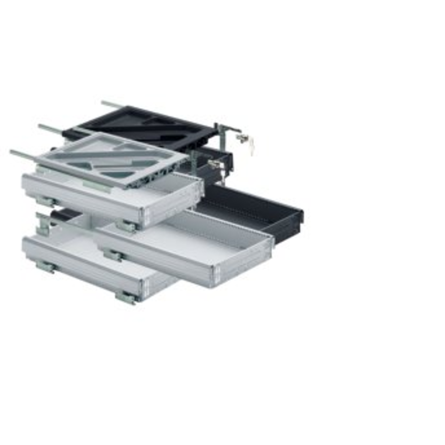 Kit de caisson avec coulisses à sortie partielle, Profondeur d'installation (mini) 530 mm, aspect aluminium