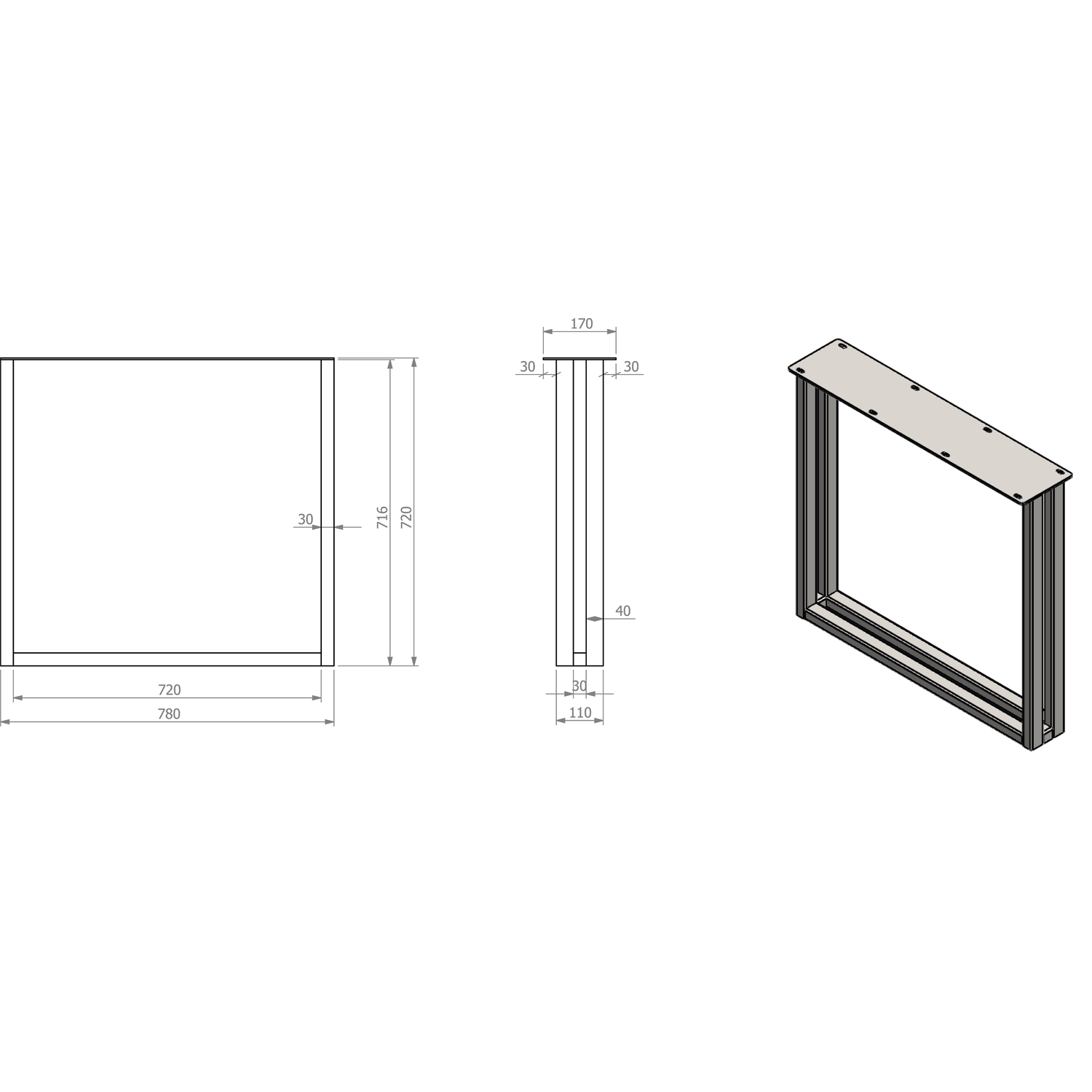 Piètement U Twin 40x110 noir mat