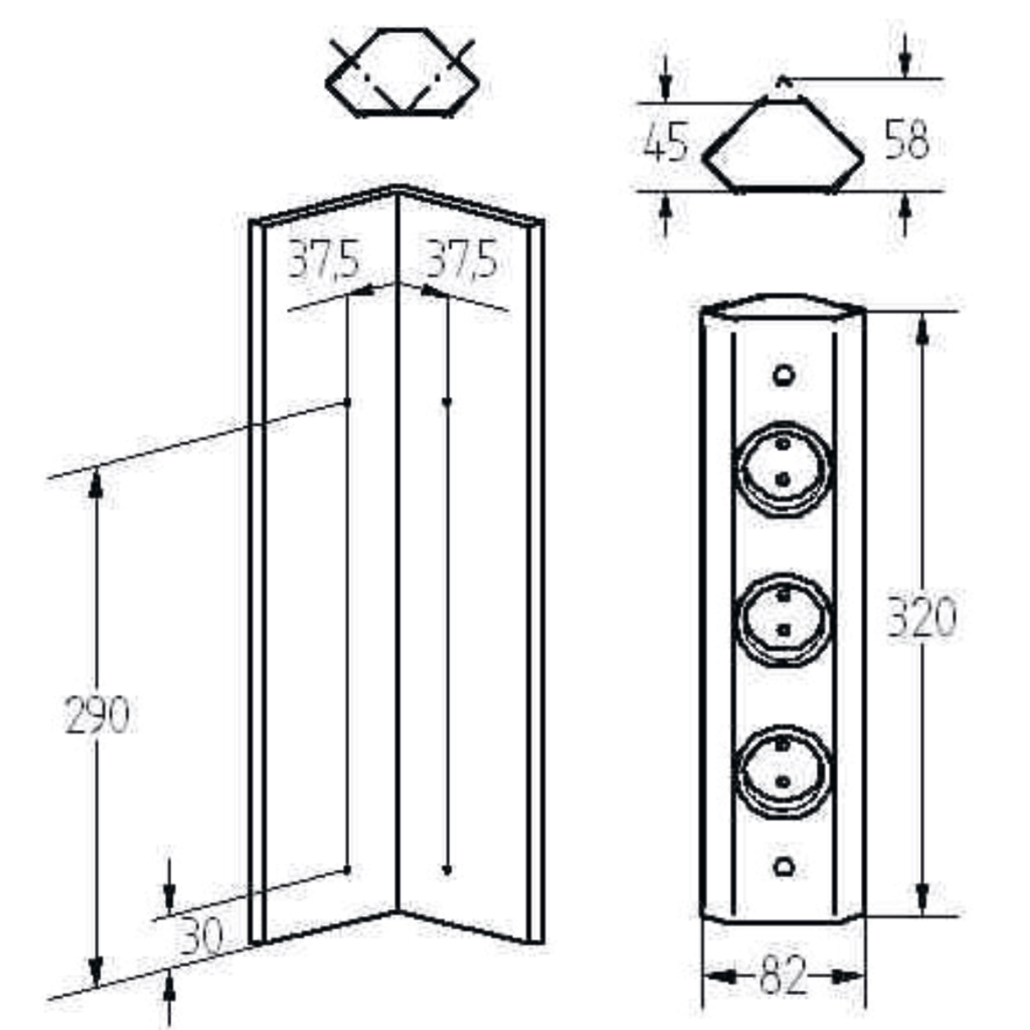 Box multiprises 3p b-f 320mm inox  