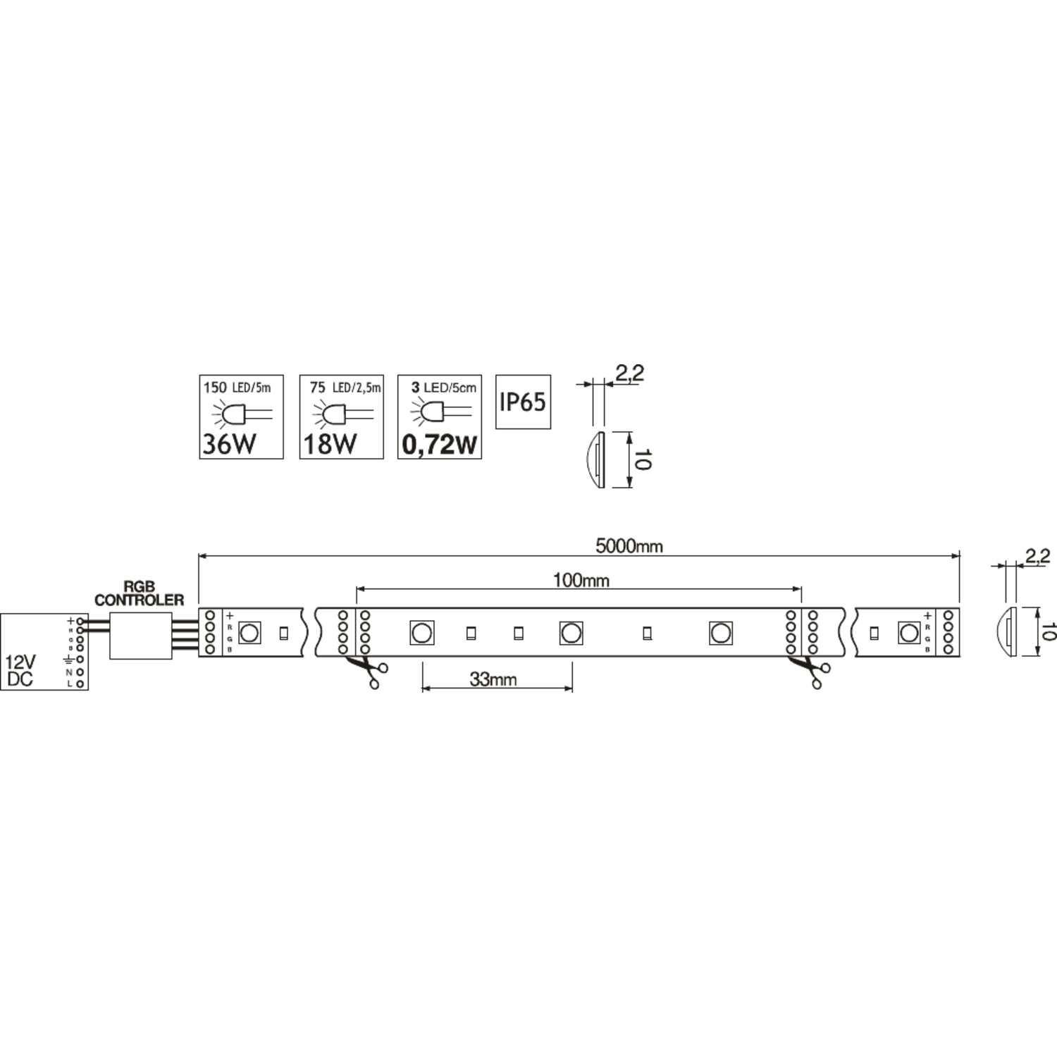  strip led RVB 5m 12V 36W autcollant IP65 