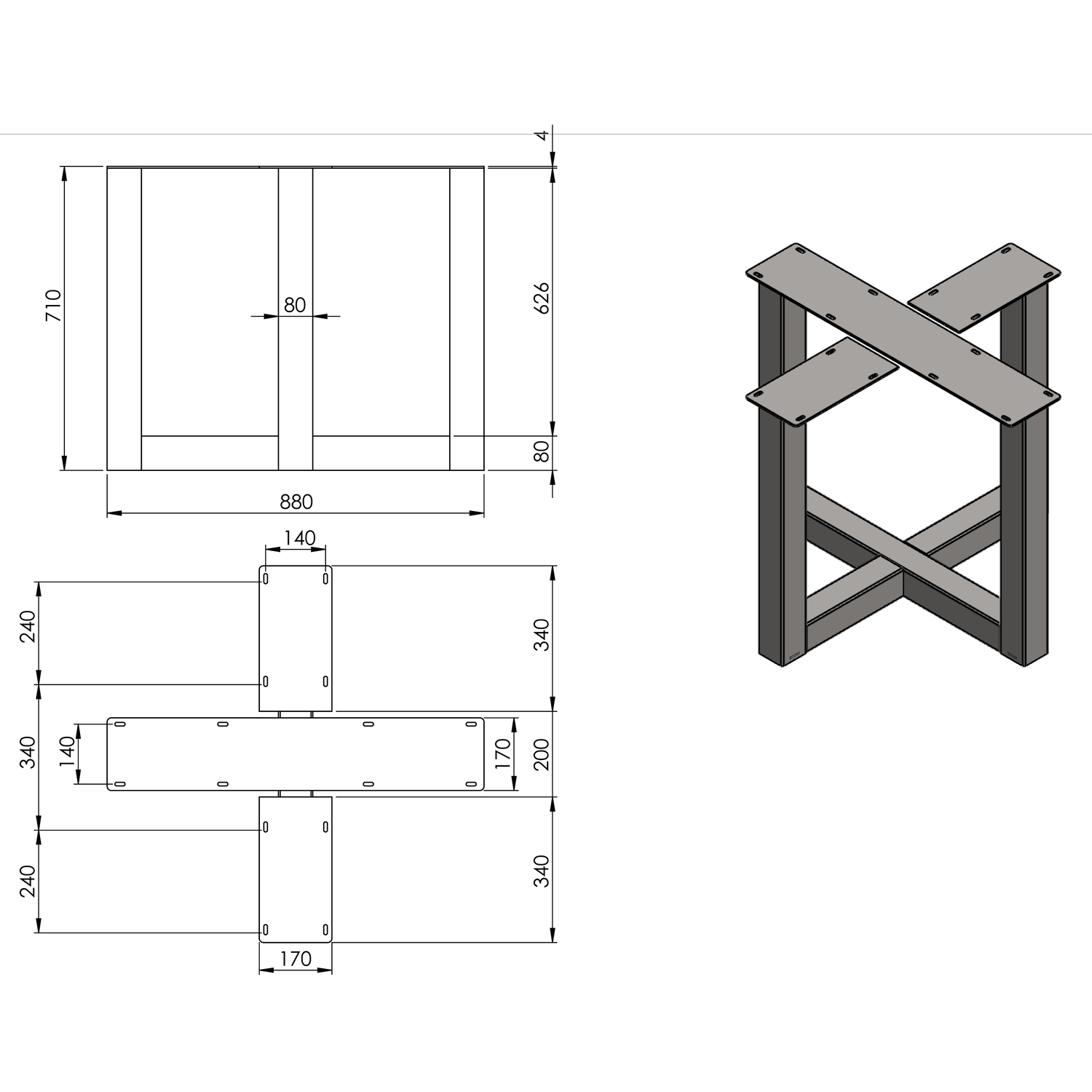 Piètement cross 80x80mm noir mat h720xl780xl780mm 