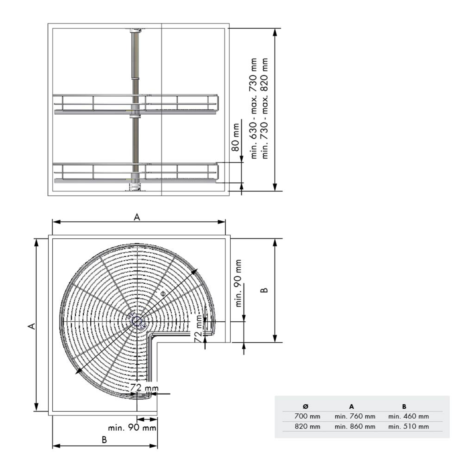 MC Line panier tournant 3/4 d.820mm 270ø chrome h:630-730mm