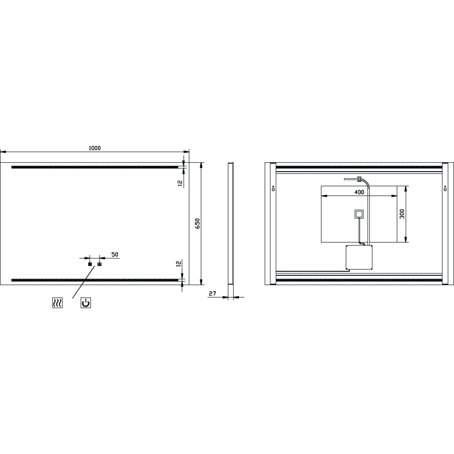 Miroir 1000x650 led haut/bas.+kelvinch.+chauff 