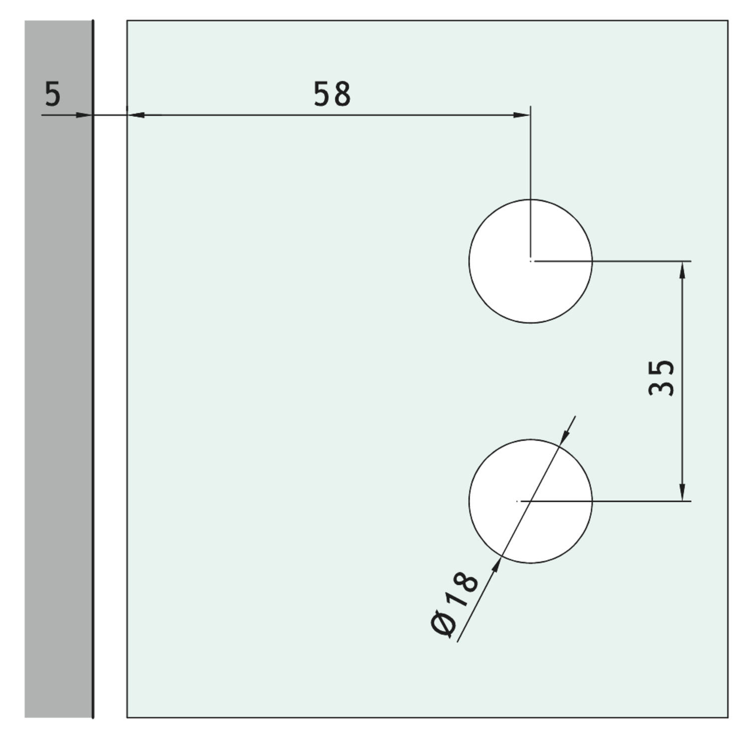 Vierkant scharnier wand/glas voor smalle deurposten, voor 8/12 mm glas, B85 H65, geborsteld rvs