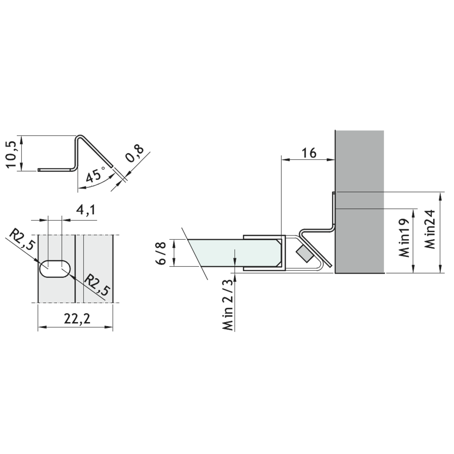 Profil de butée magnétique 10,5 x 22 x l 2500 mm inox brosse