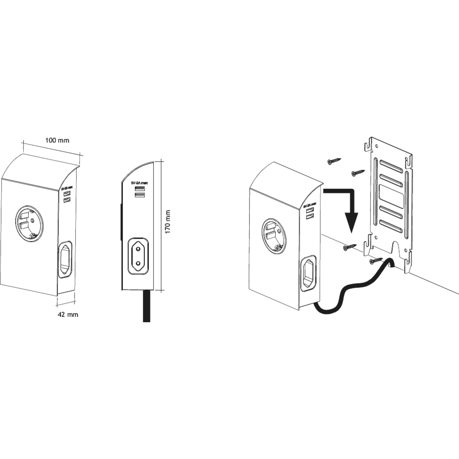 Born bloc prises inox b-f 1x16a - 2x6a - 2usb 2a  