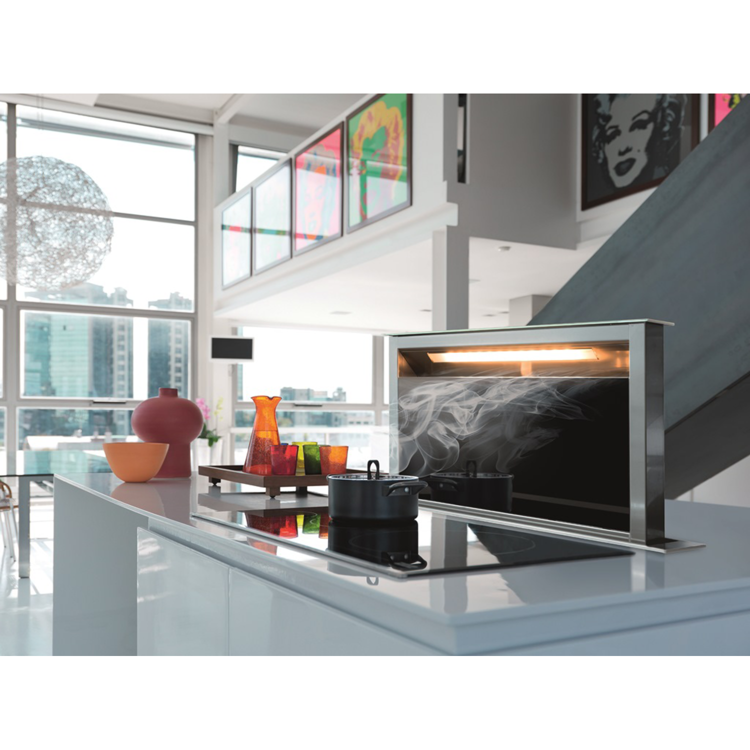 Downdraft - hotte plan de travail / 900  mm/ inox-Verre noir