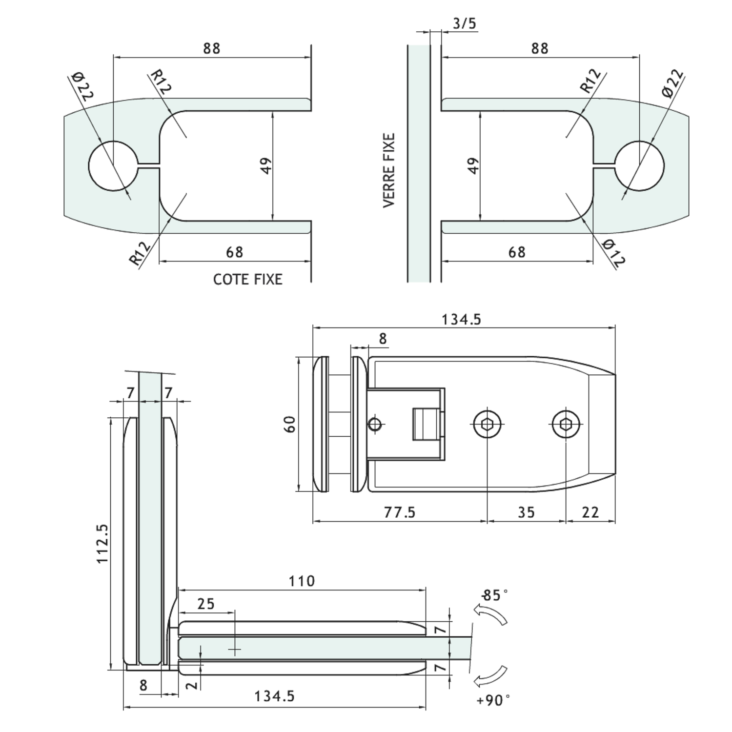Scharnier serie 600 regelbaar 90° voor glas 8/12mm rvs look