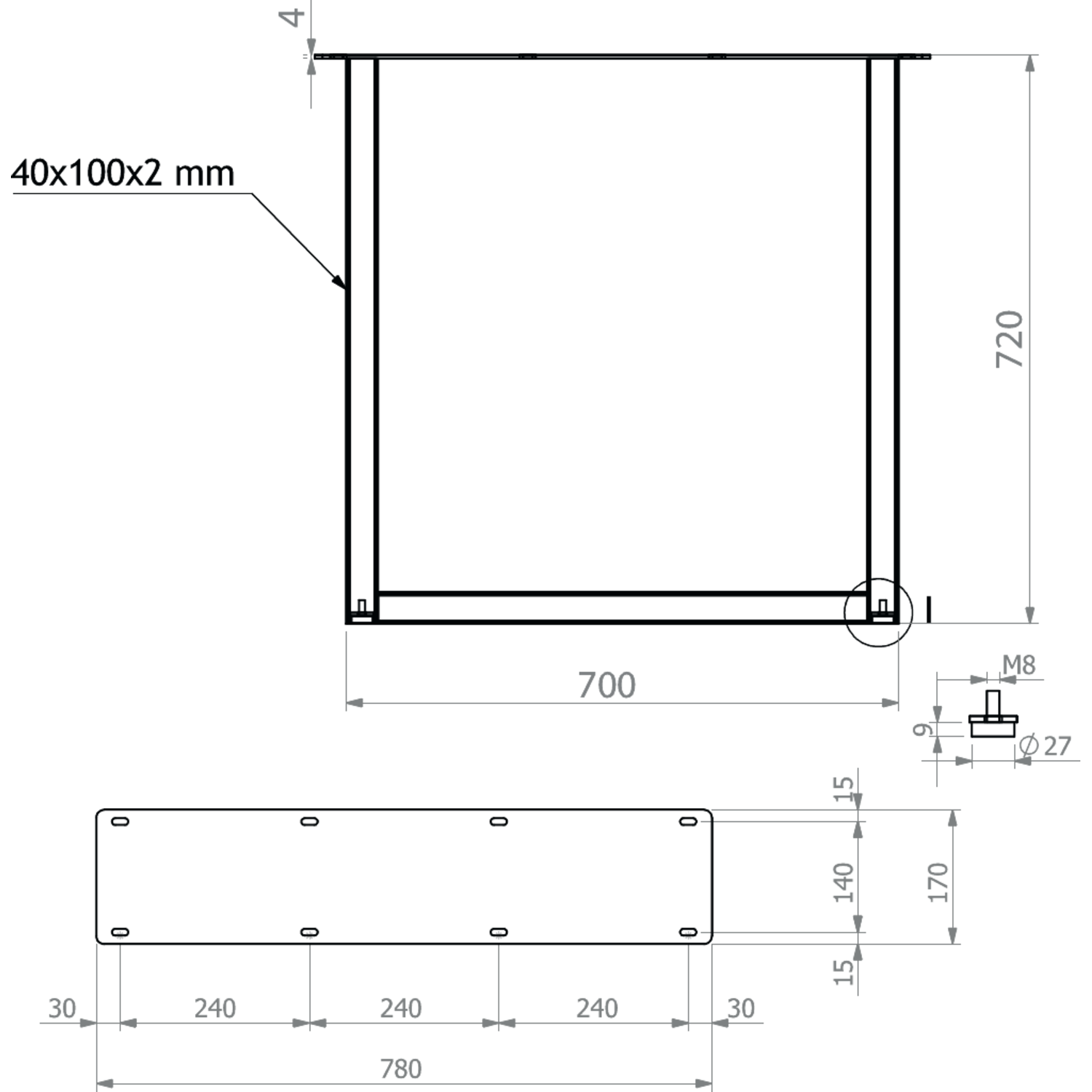 Piètement u small 40x100mm noir mat h.720xl.780mm 