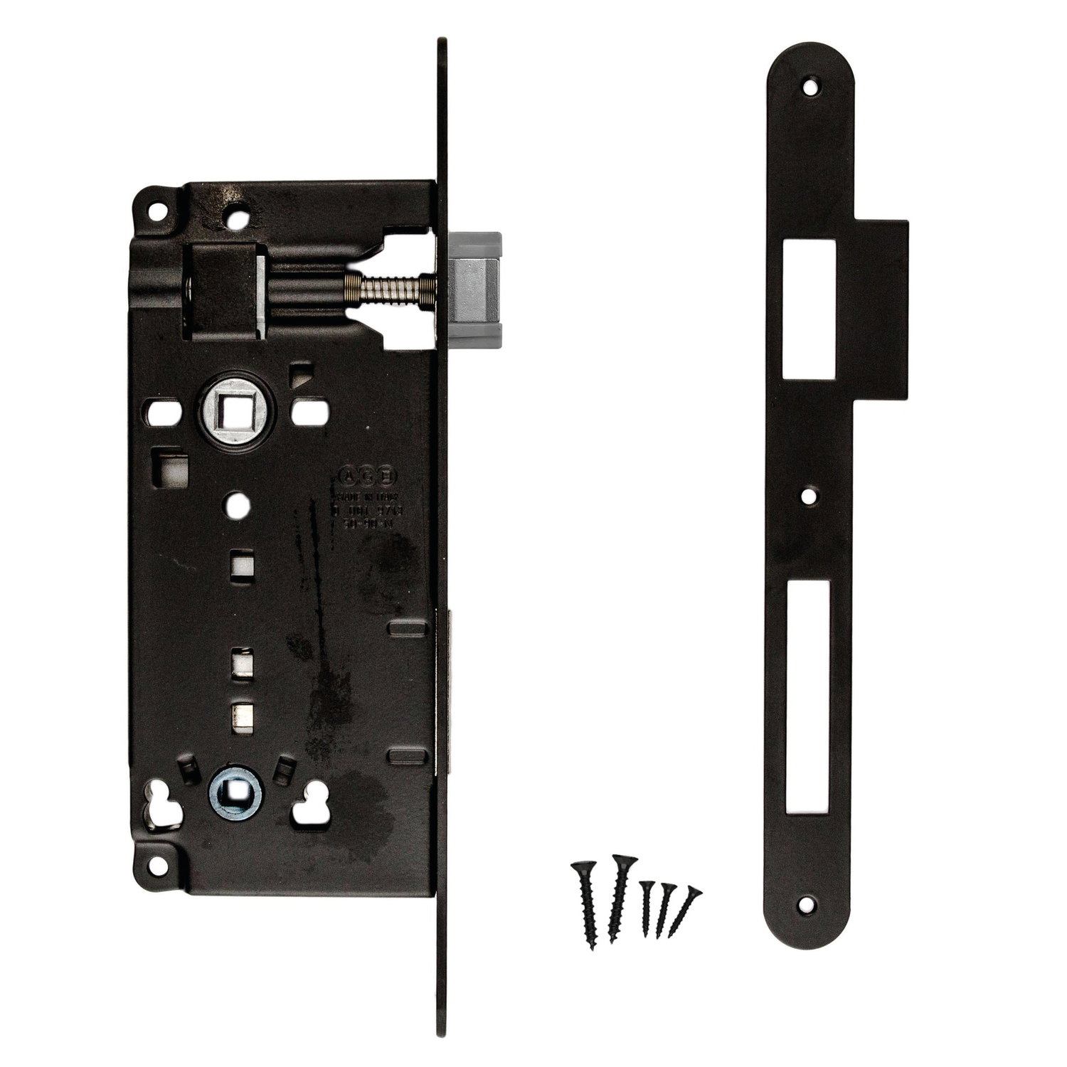 Serrure agb noir wc 90 mm + contre-plaque   étroite droite