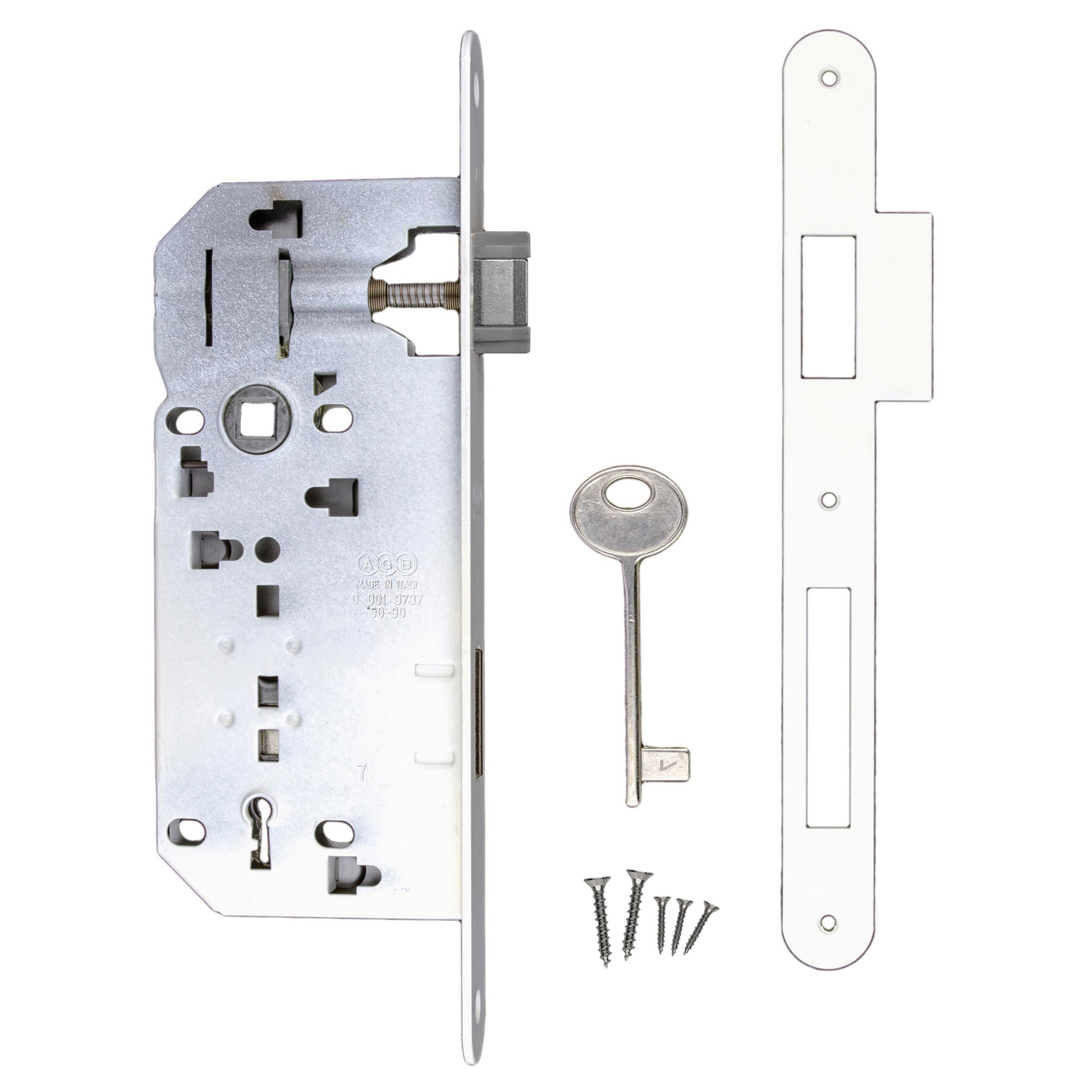 Serrure agb blanc 90 mm + contre-plaque   + contre-plaque étroite droite