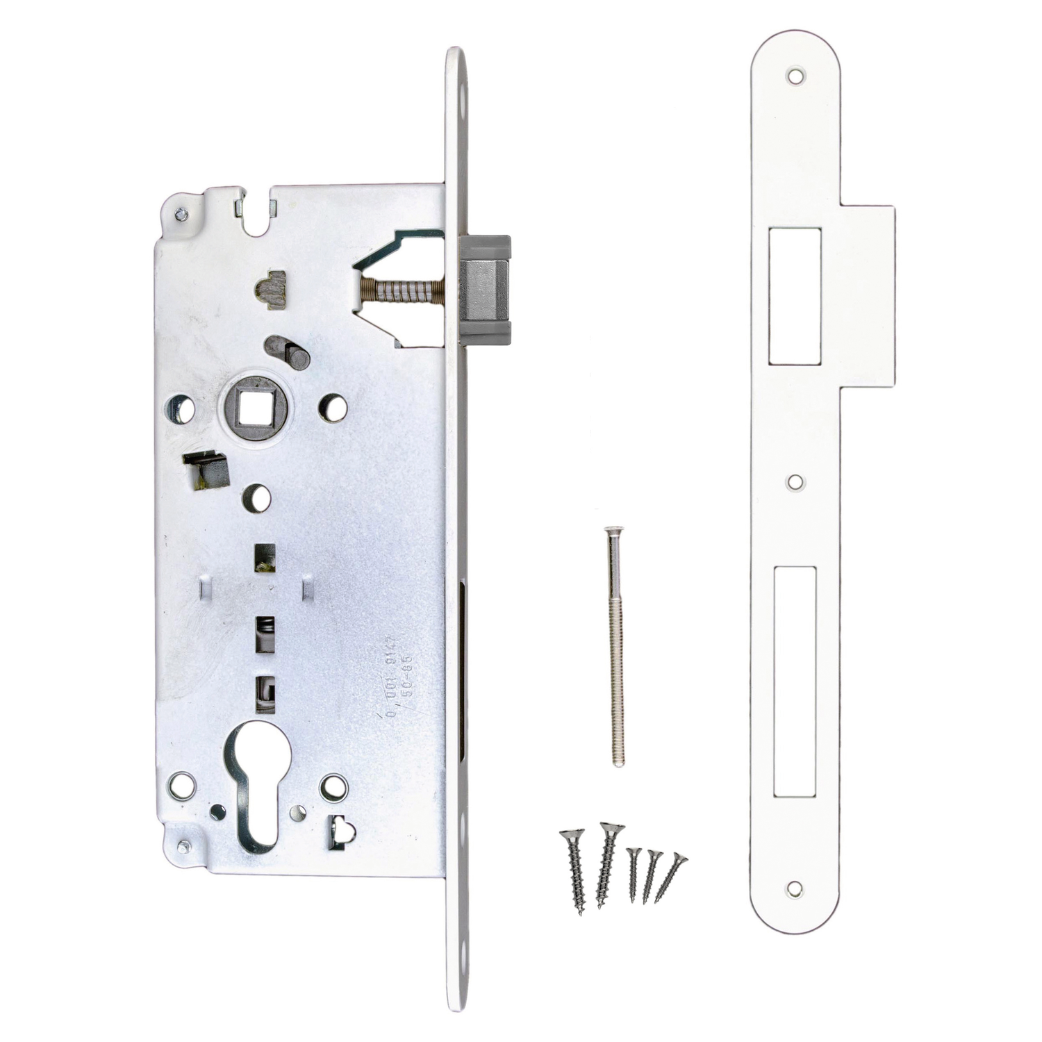 Serrure agb blanc cyl  85 mm + contre-plaque   étroite droite