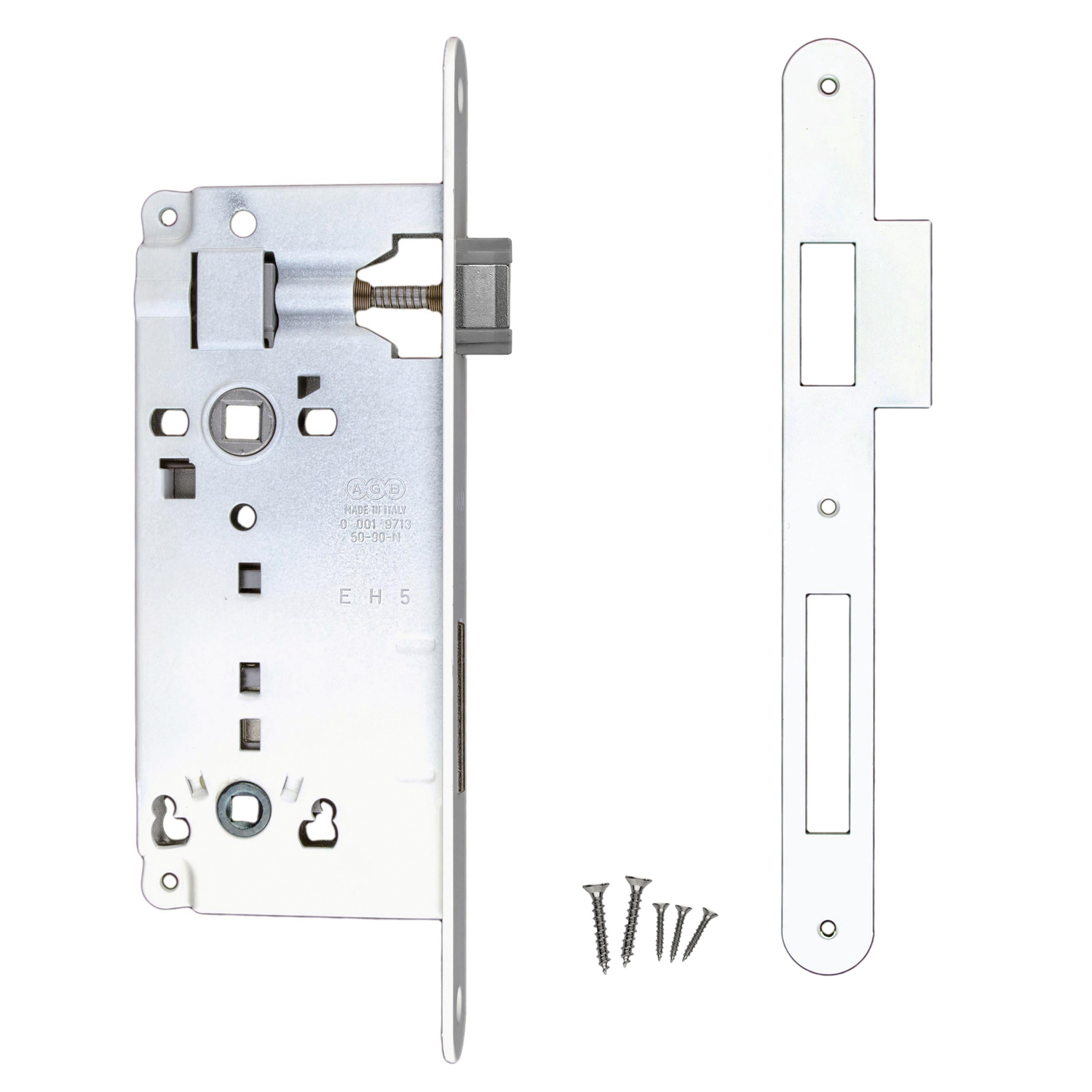 Serrure agb blanc wc 90 mm + contre-plaque   + contre-plaque étroite droite